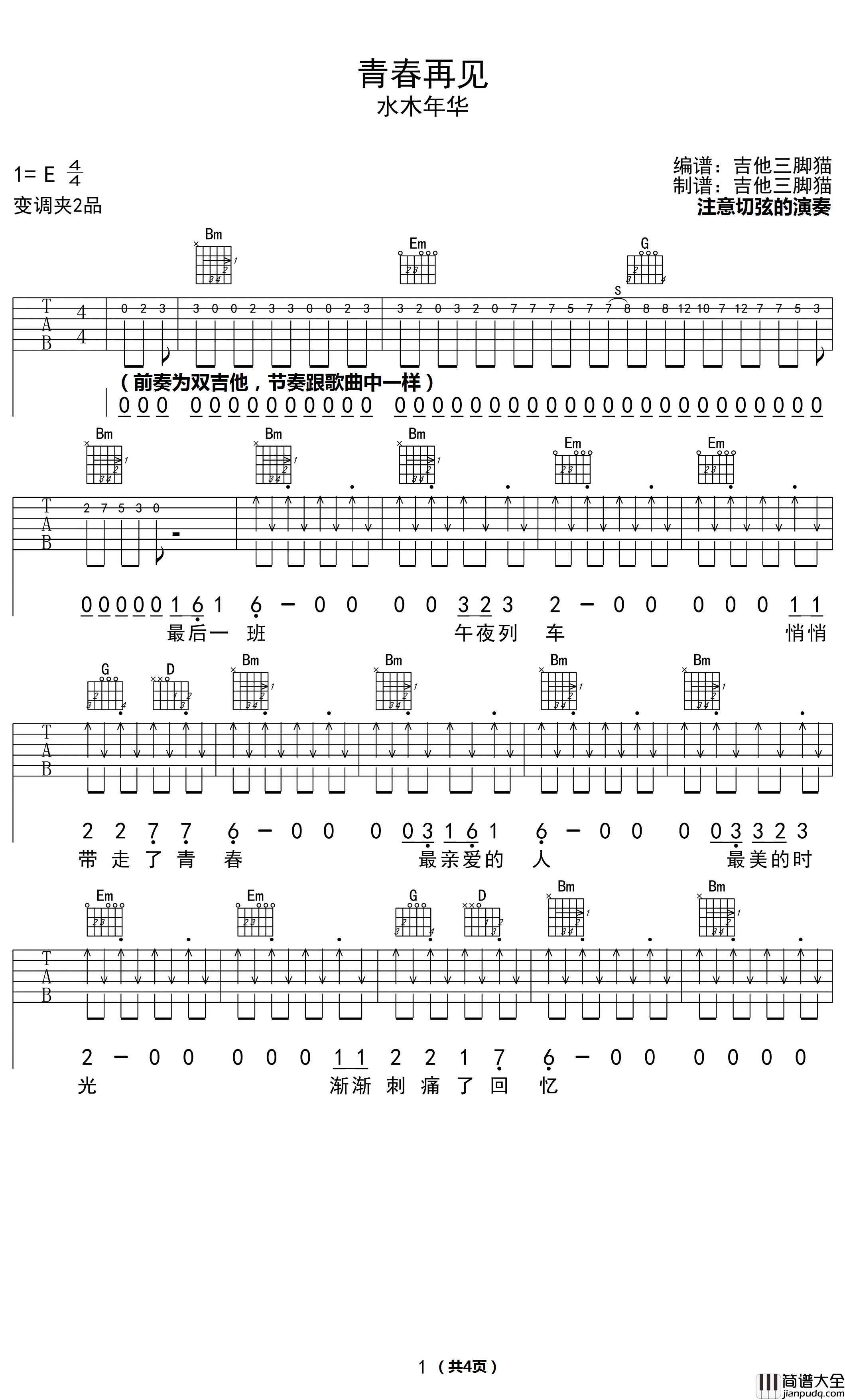 青春再见吉他谱_水木年华_D调弹唱谱