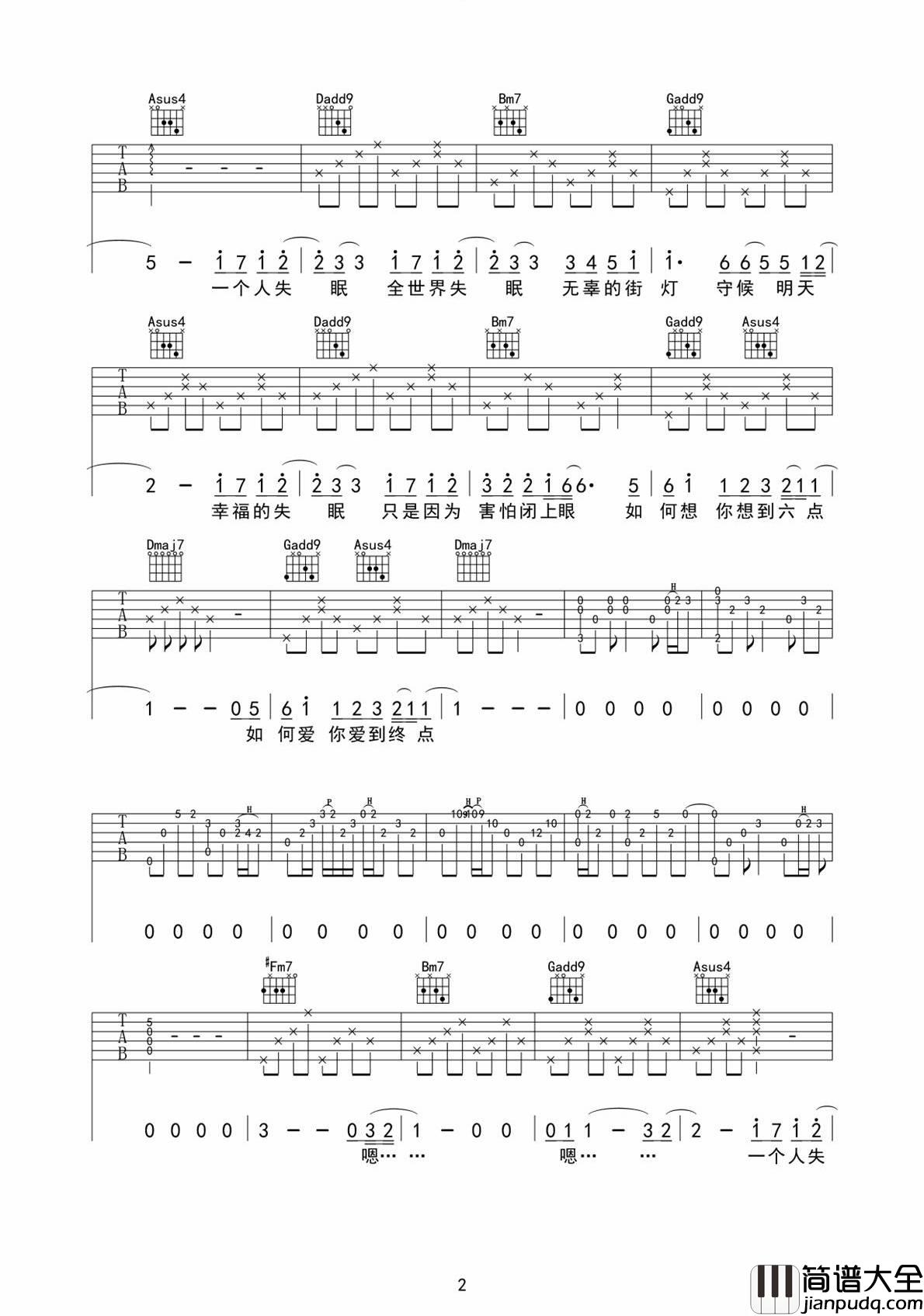 全世界失眠吉他谱_D调_垂耳吉他编配_陈奕迅