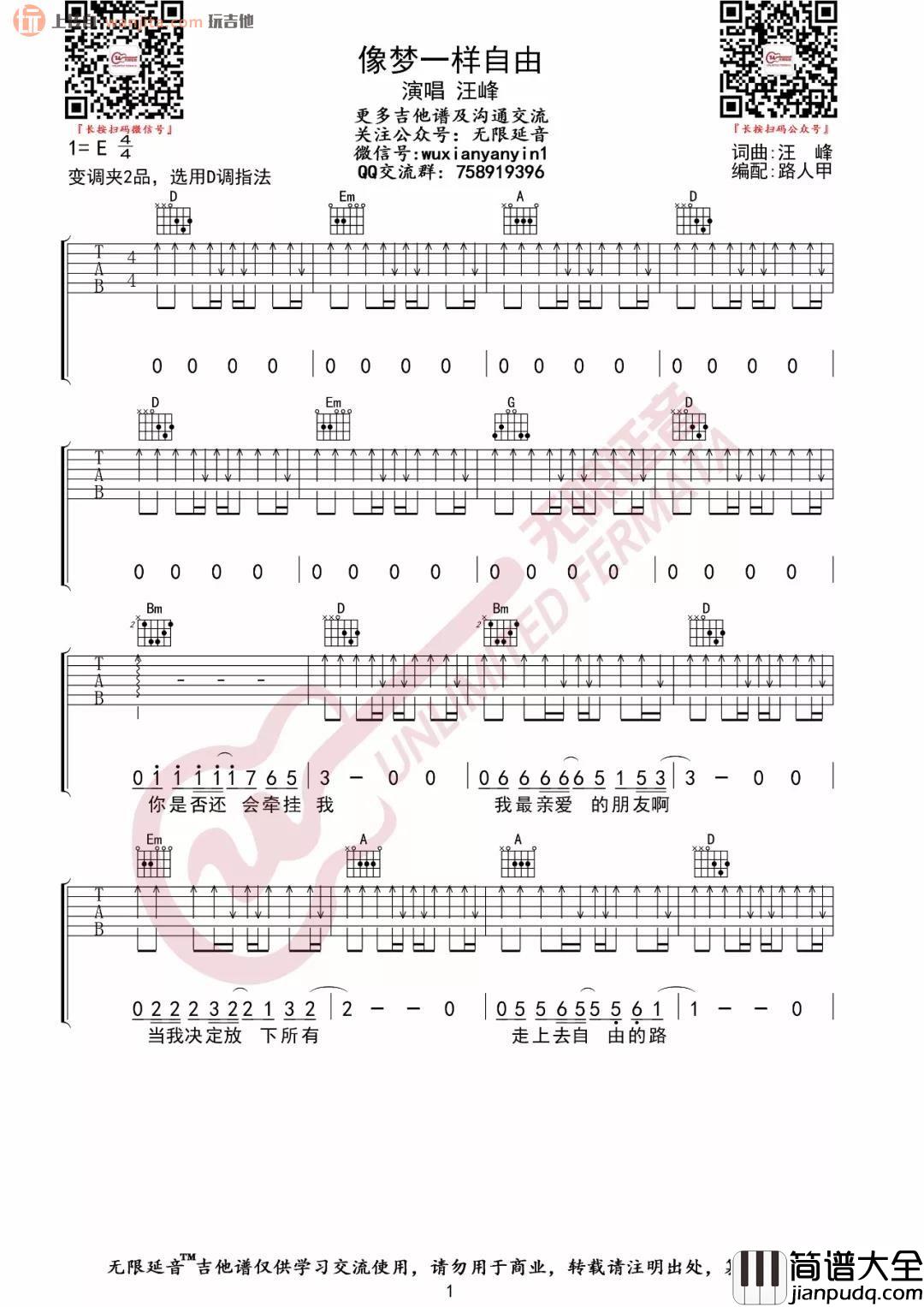 像梦一样自由吉他谱_D调弹唱六线谱_高清图片谱_汪峰