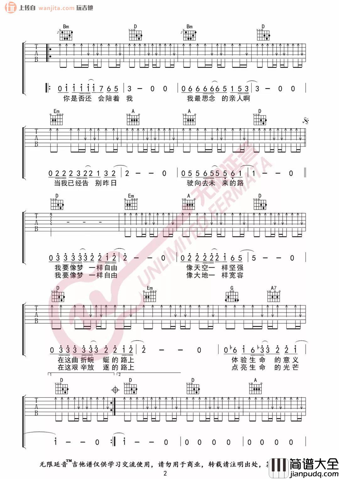 像梦一样自由吉他谱_D调弹唱六线谱_高清图片谱_汪峰