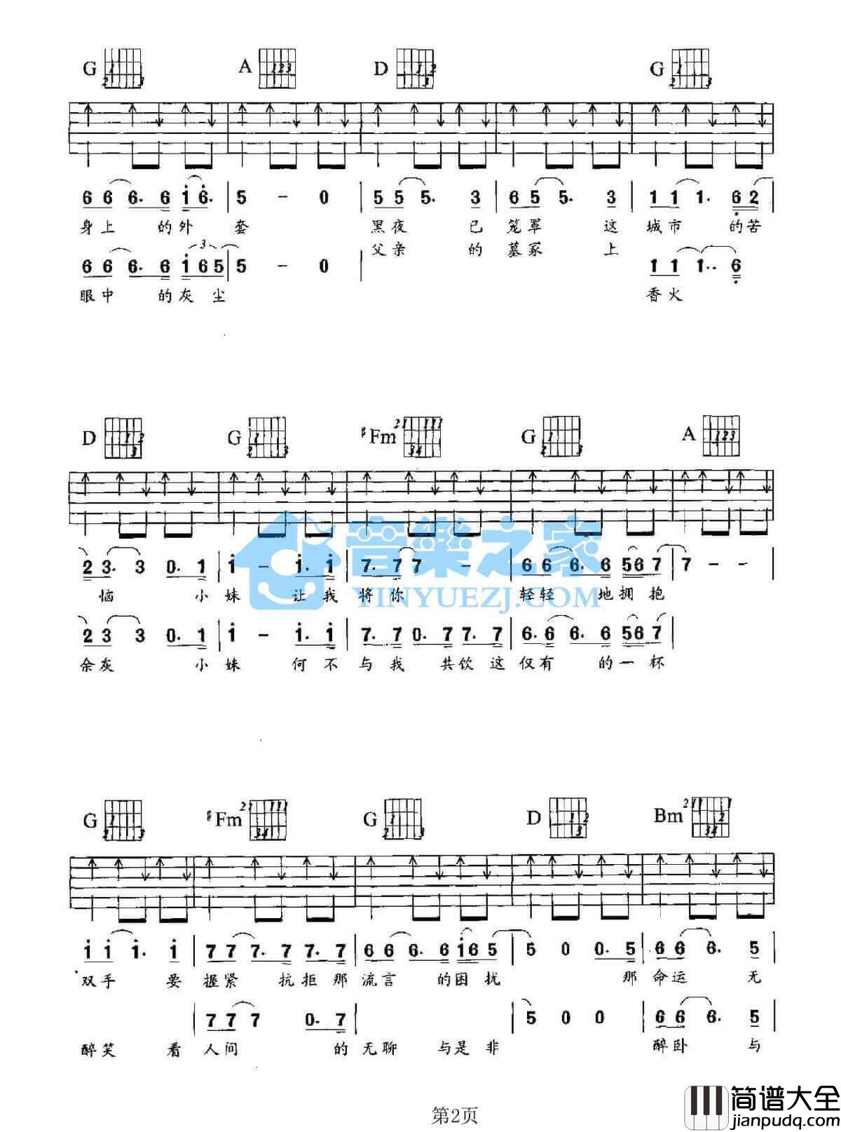 小妹吉他谱_D调扫弦版_罗大佑