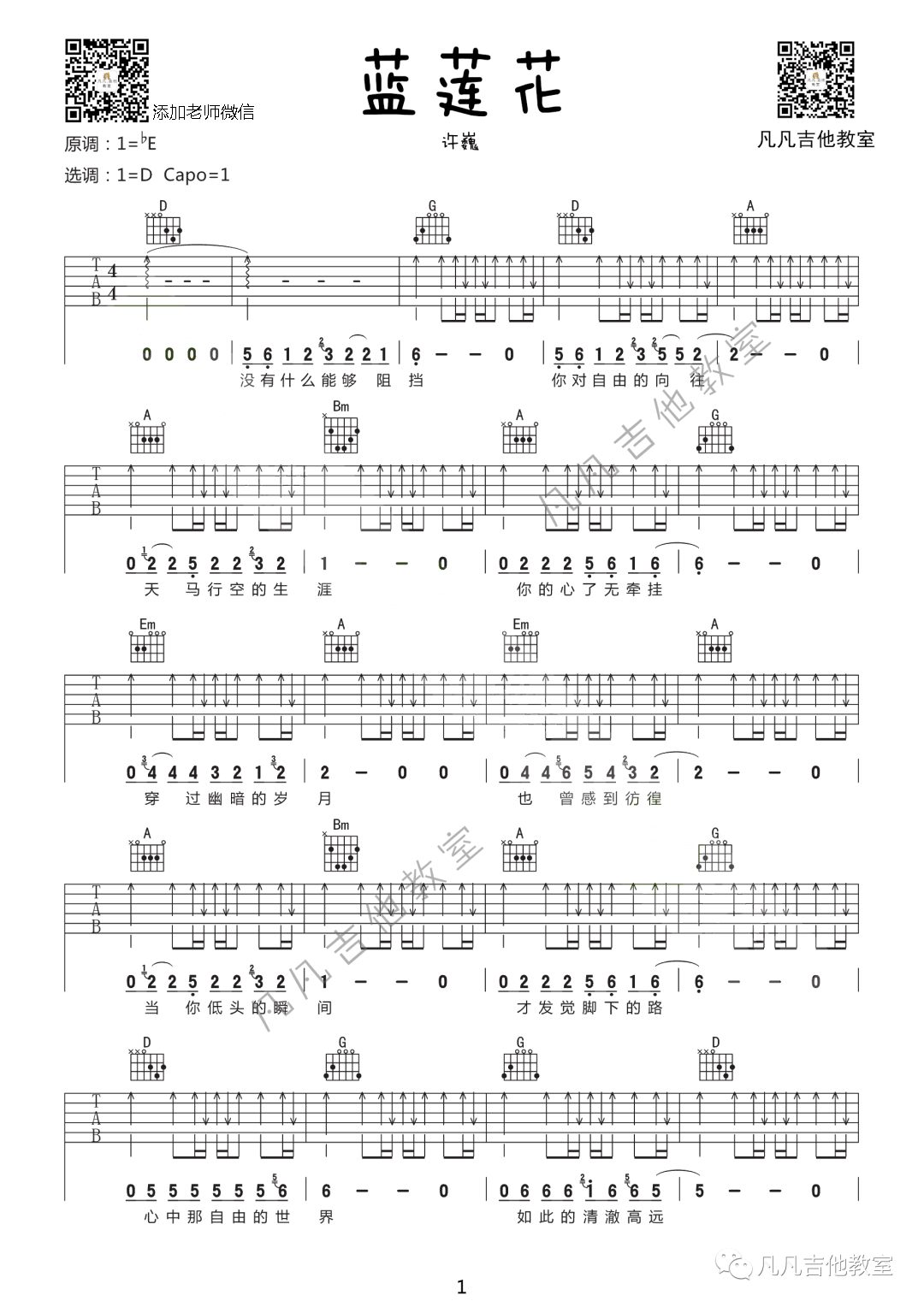 _蓝莲花_吉他谱_D调扫弦版_许巍