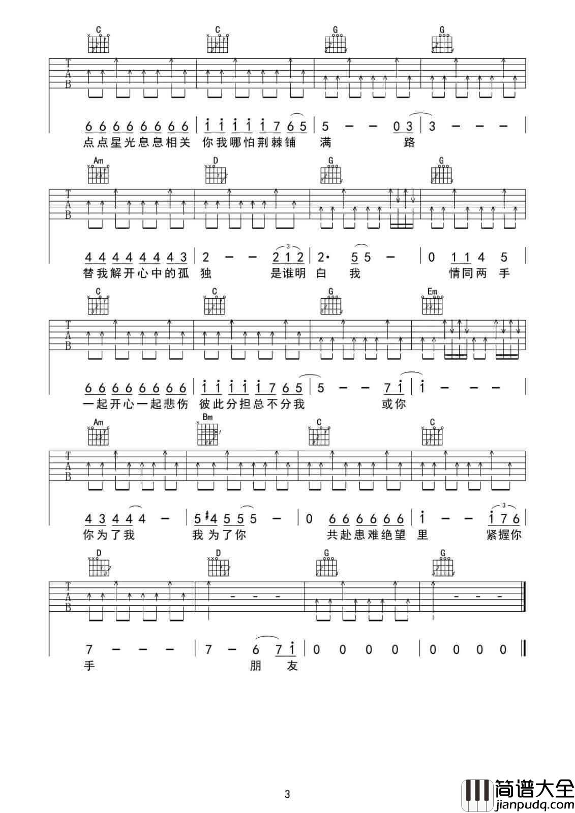 朋友吉他谱_D调六线谱_谭咏麟