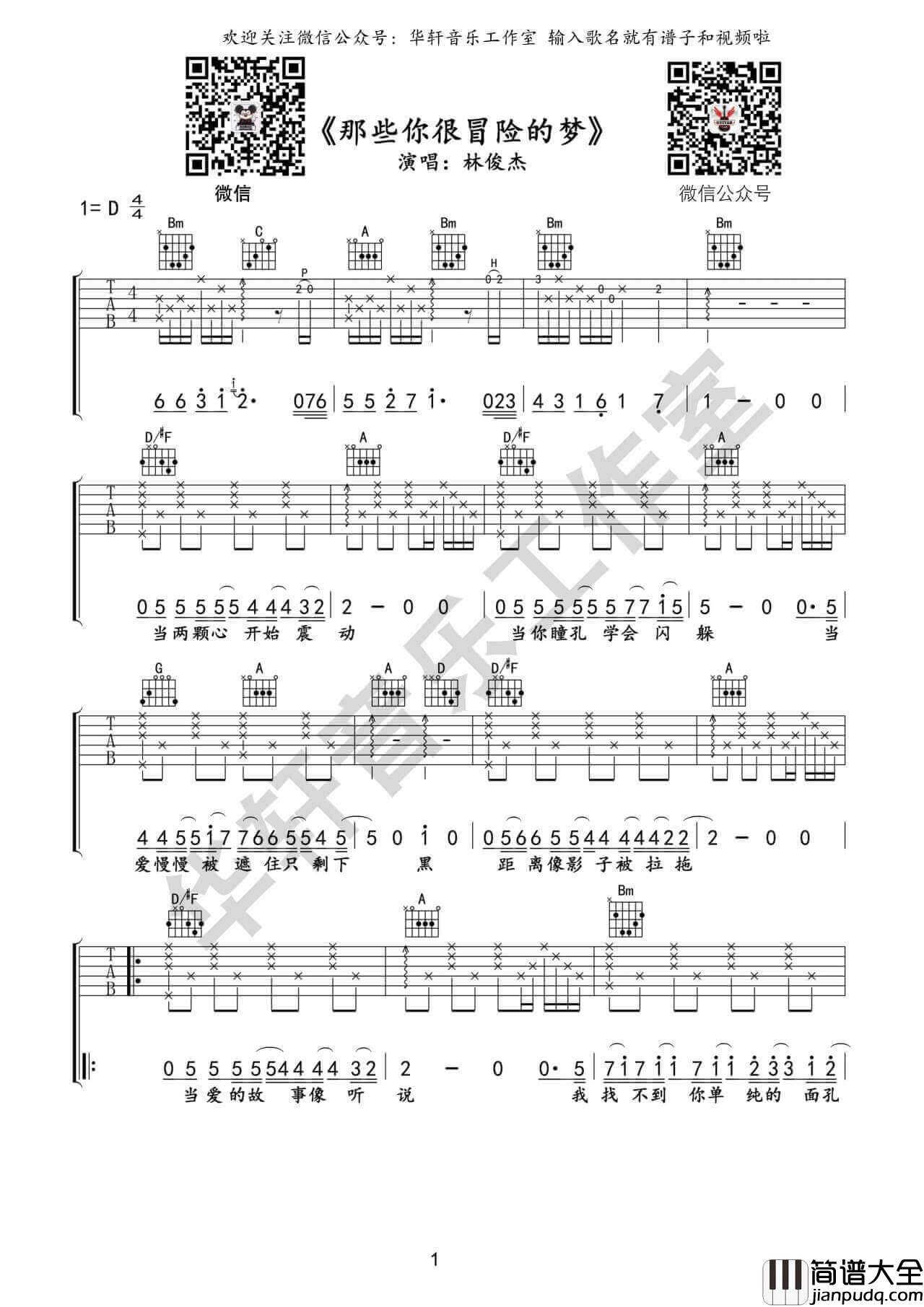 那些你很冒险的梦吉他谱_D调高清版_林俊杰