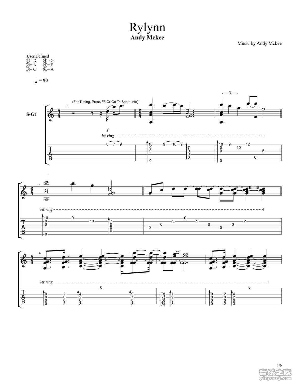 rylynn指弹谱_D调六线谱_Andy_McKee