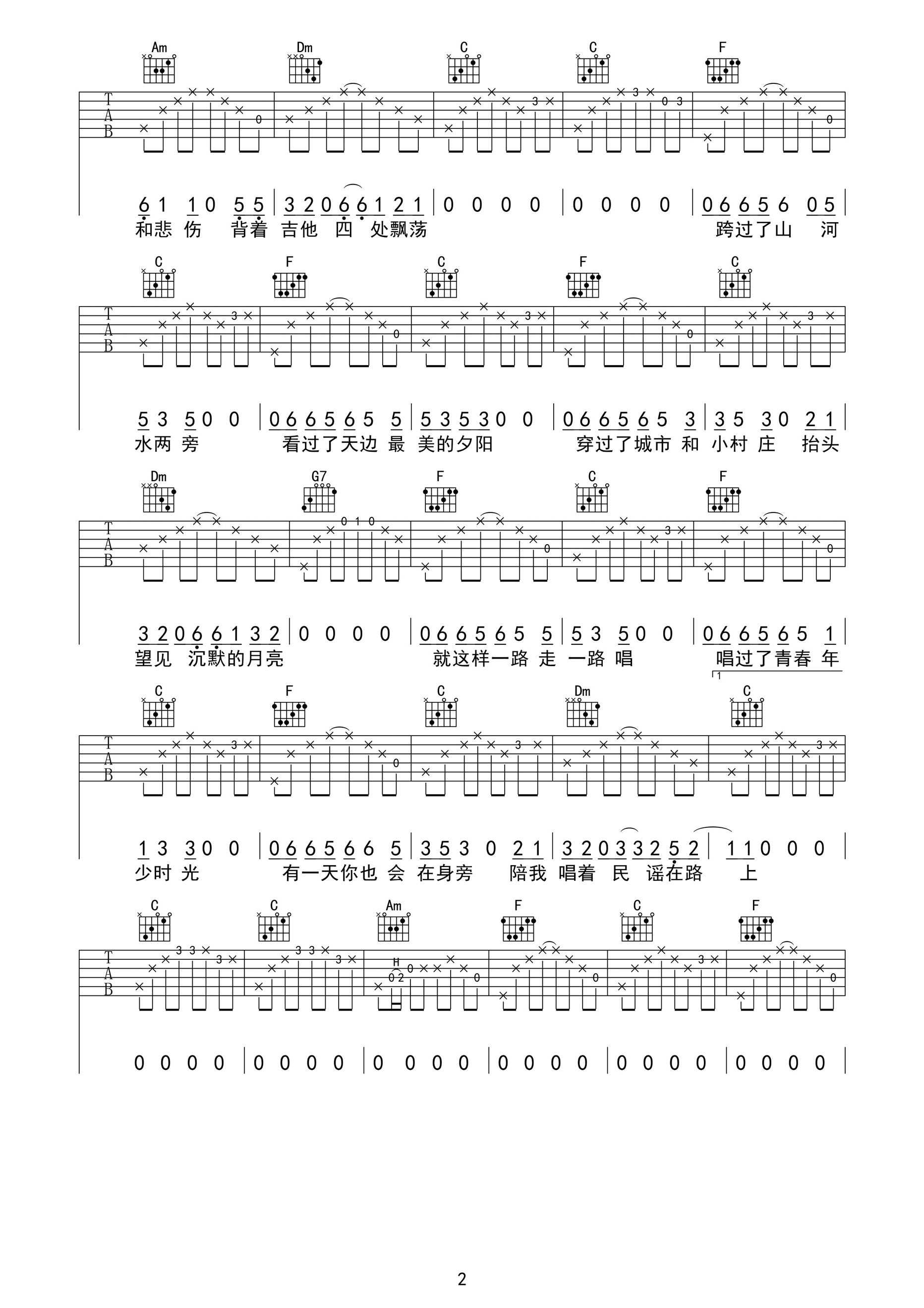 民谣在路上吉他谱_E调高清版_巍小琪编配_前冲