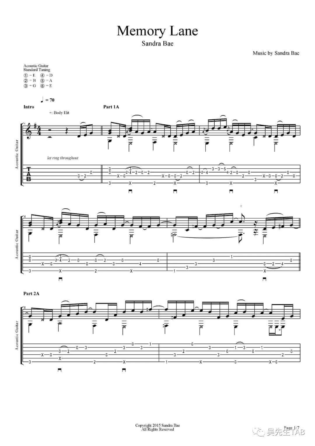 memory_lane指弹谱_E调六线谱_Sandra_Bae