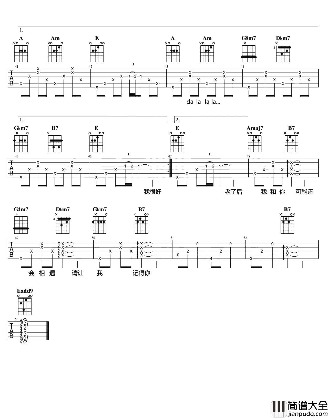 旅行中忘记吉他谱_袁娅维_E调六线谱__吉他弹唱演示/教学