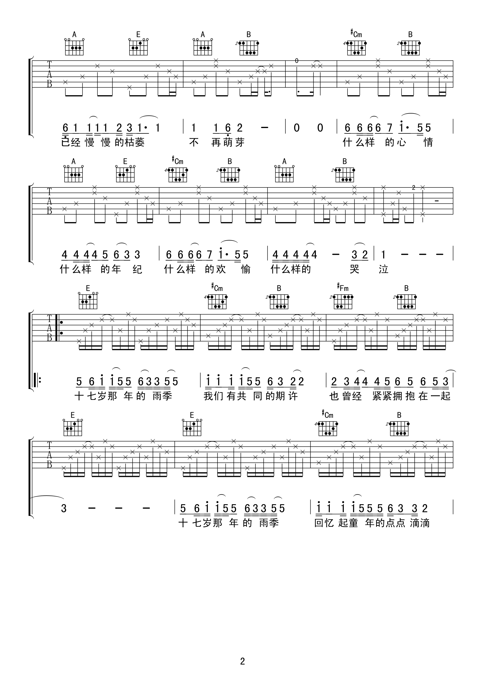 十七岁那年的雨季吉他谱_E调附前奏_待书琴社工作室编配_林志颖