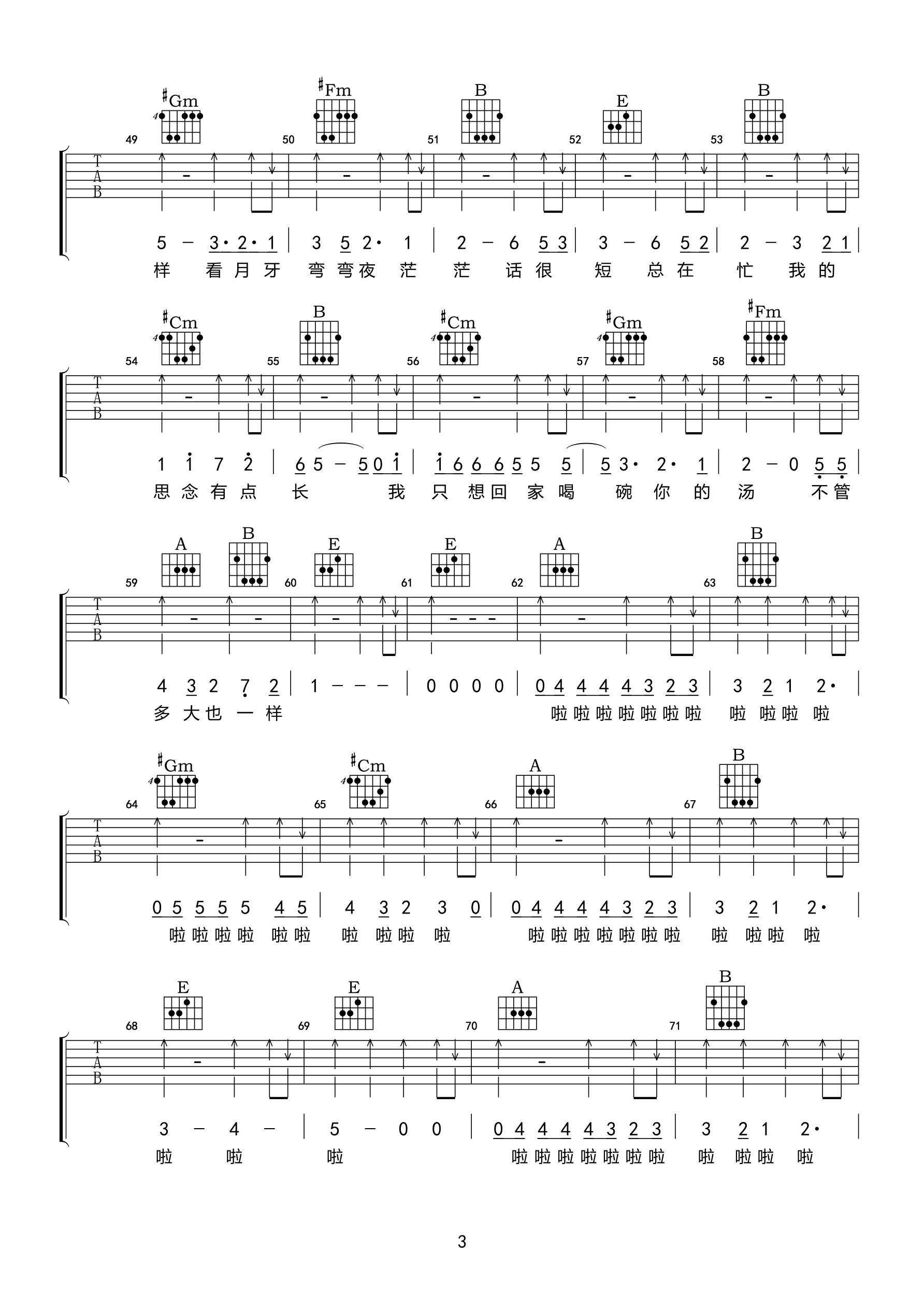 开饭了吉他谱_E调高清版_小叶歌吉他编配_谭佑铭