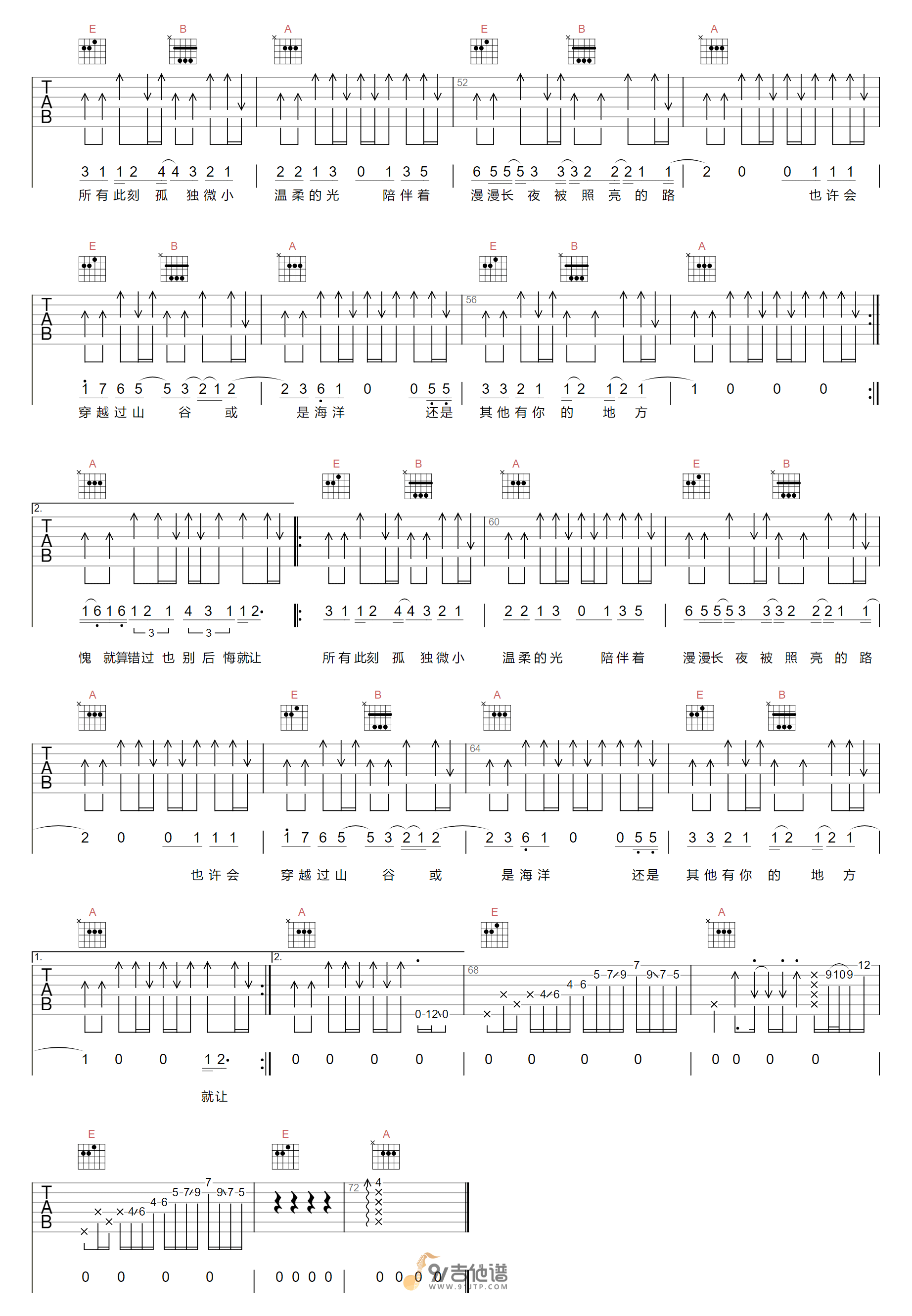夏日入侵企画_人间萤火_吉他谱_E调指法原版编配_民谣吉他弹唱六线谱