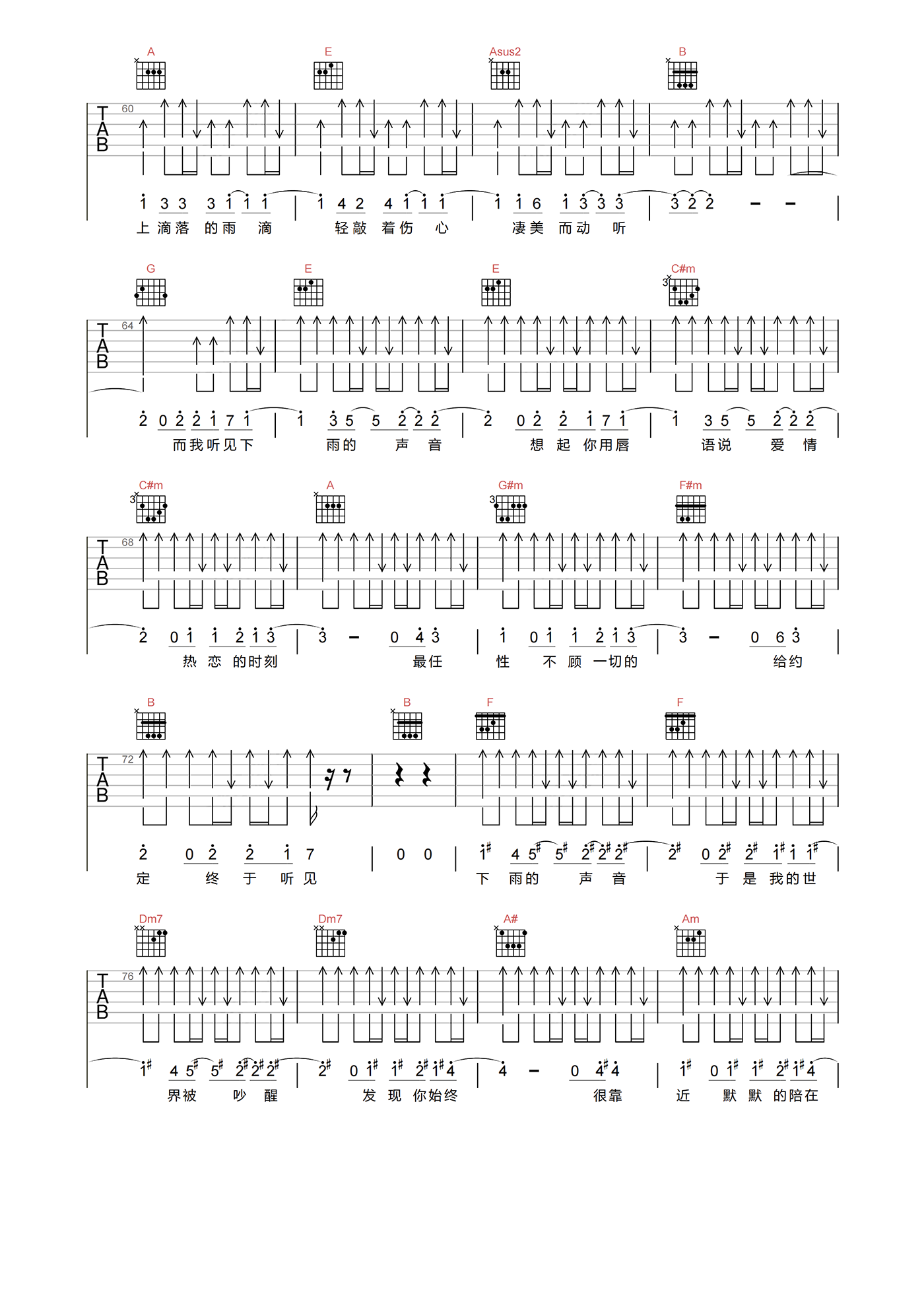 听见下雨的声音吉他谱_周杰伦_E调原版编配_吉他弹唱六线谱