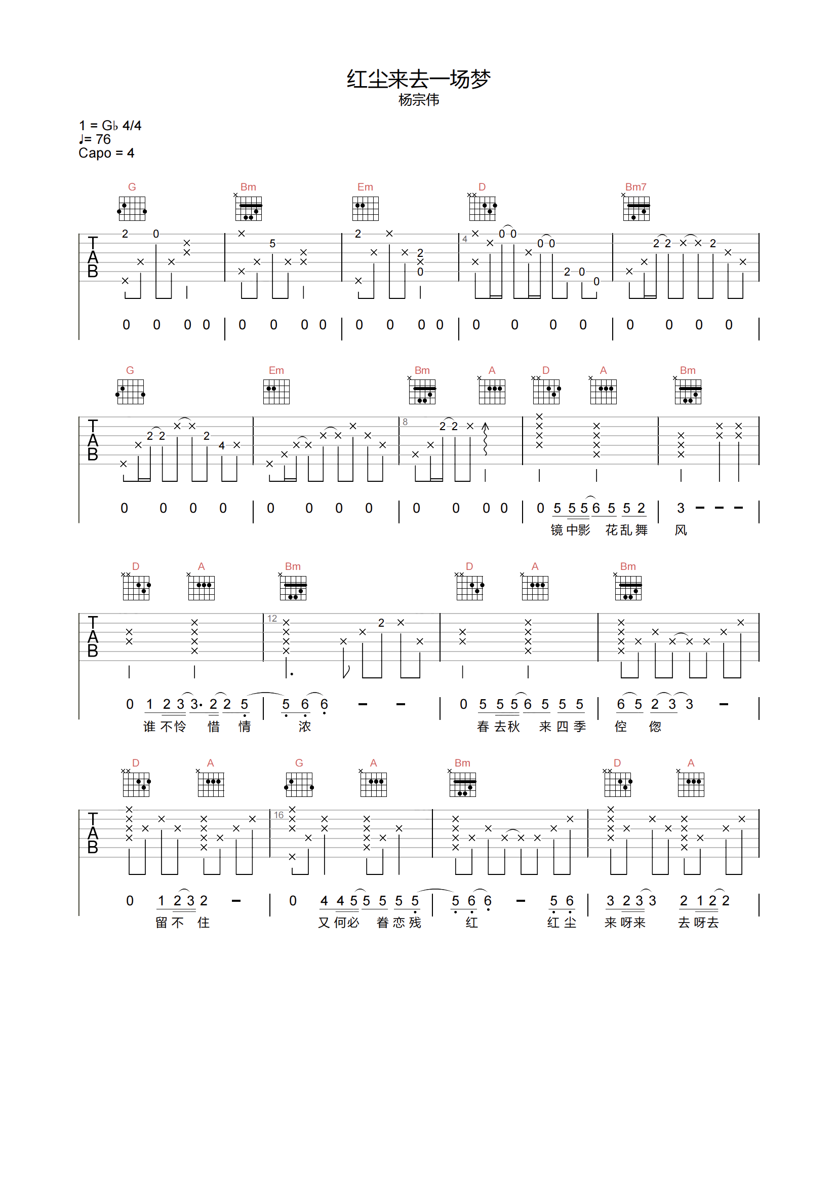 红尘来去一场梦吉他谱_杨宗纬_E调原版_附PDF图片谱