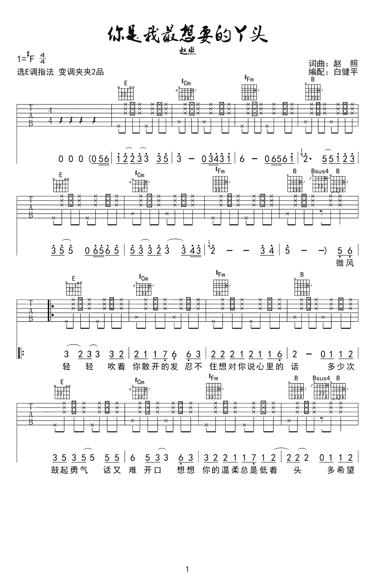 你是我最想要的丫头吉他谱_赵照_E调原版六线谱_图片谱