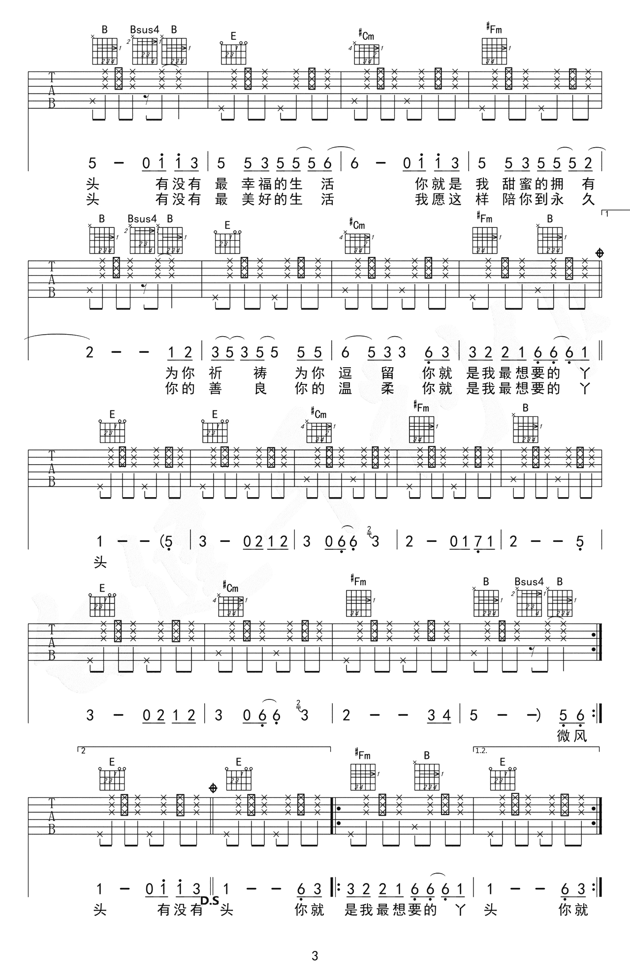 你是我最想要的丫头吉他谱_赵照_E调原版六线谱_图片谱