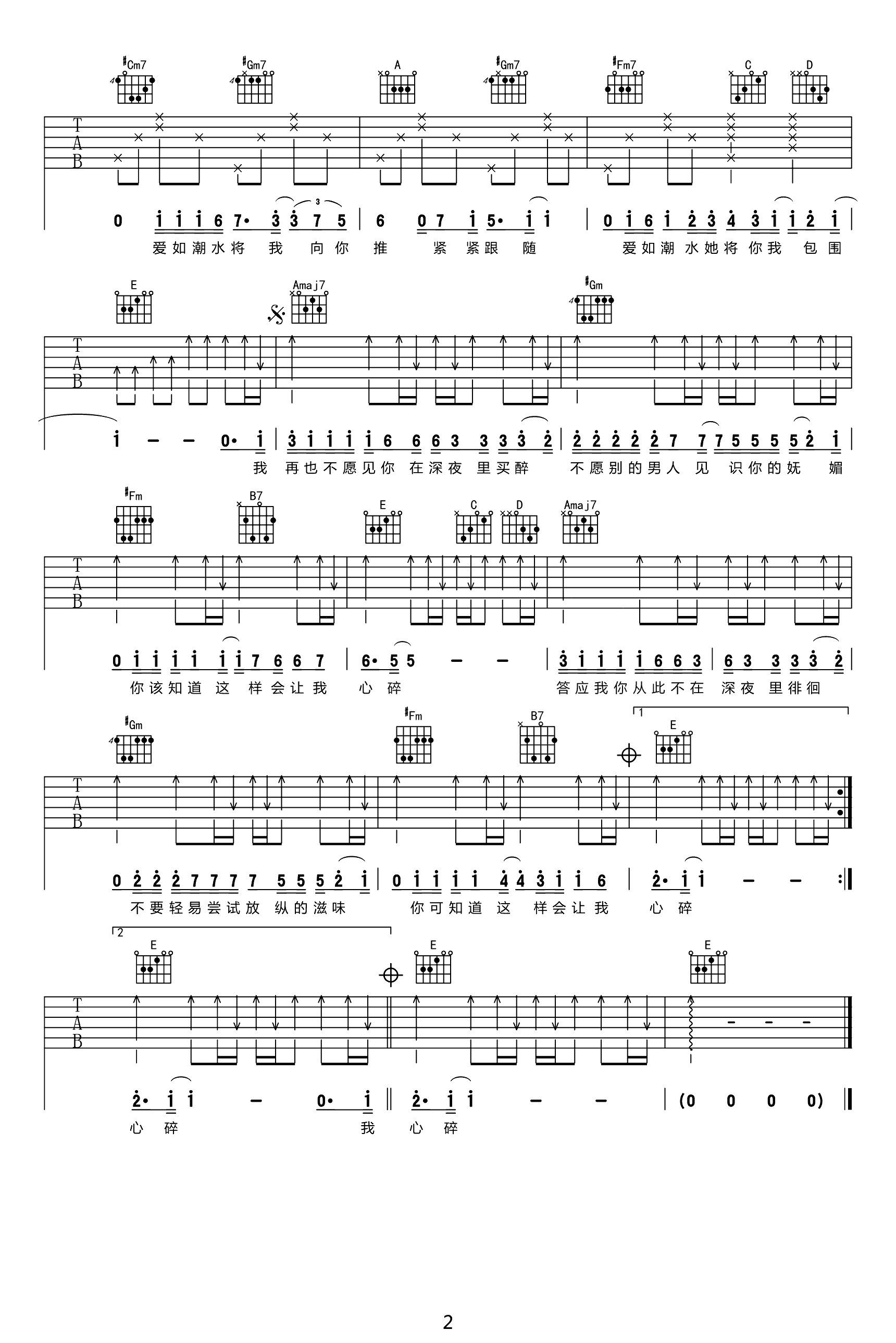 爱如潮水吉他谱_E调超原版_张信哲_高清六线谱