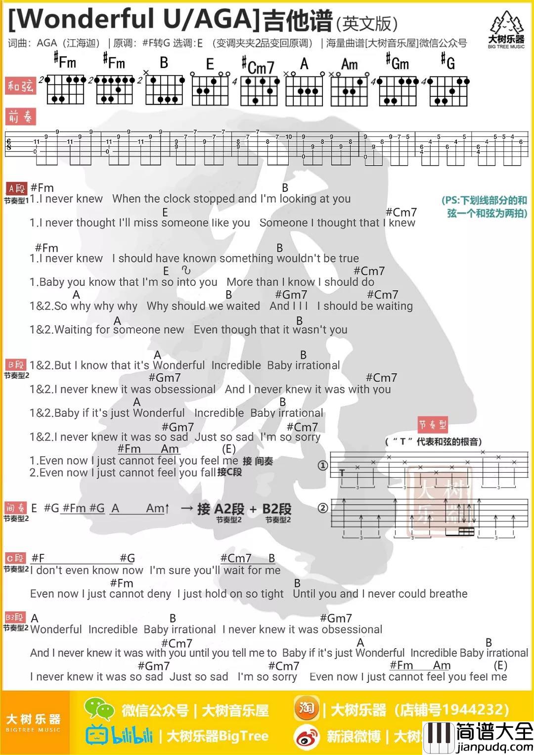 Wonderful_U吉他谱_E调和弦谱_大树音乐屋编配_AGA江海迦