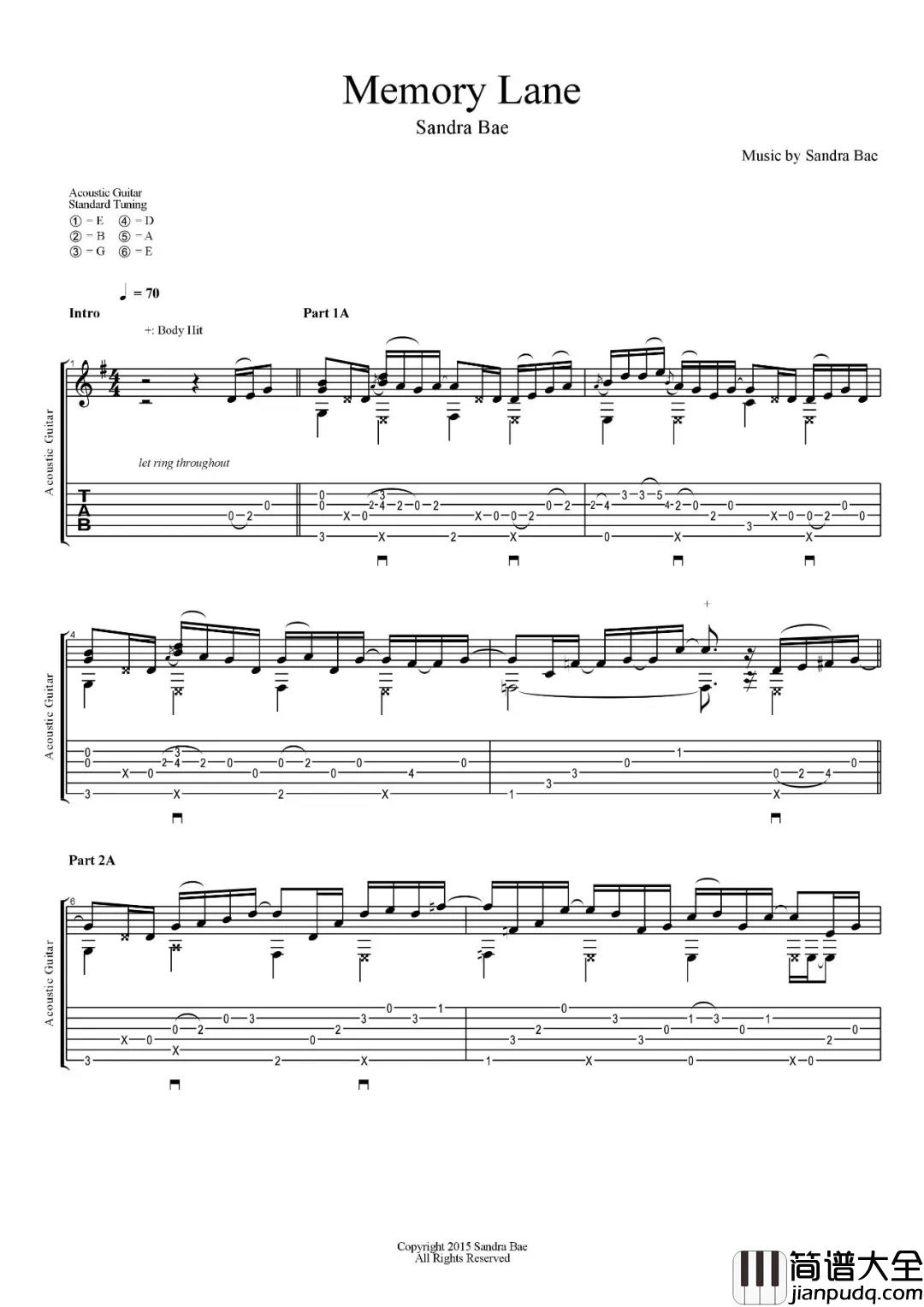 memory_lane指弹谱_E调六线谱_吴先生编配_Sandra_Bae