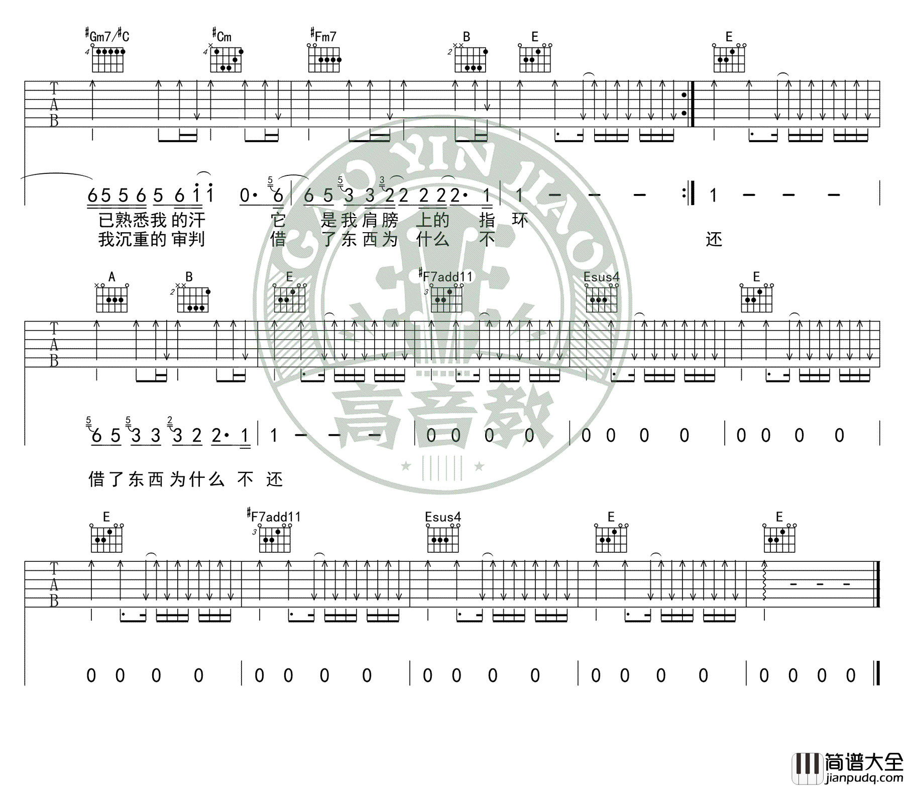 你的背包_陈奕迅_E调图片谱完整版_吉他谱_陈奕迅_吉他图片谱_高清