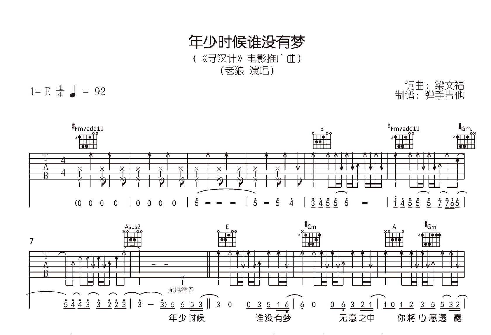 年少时候谁没有梦吉他谱_老狼_E调弹唱谱_高清六线谱