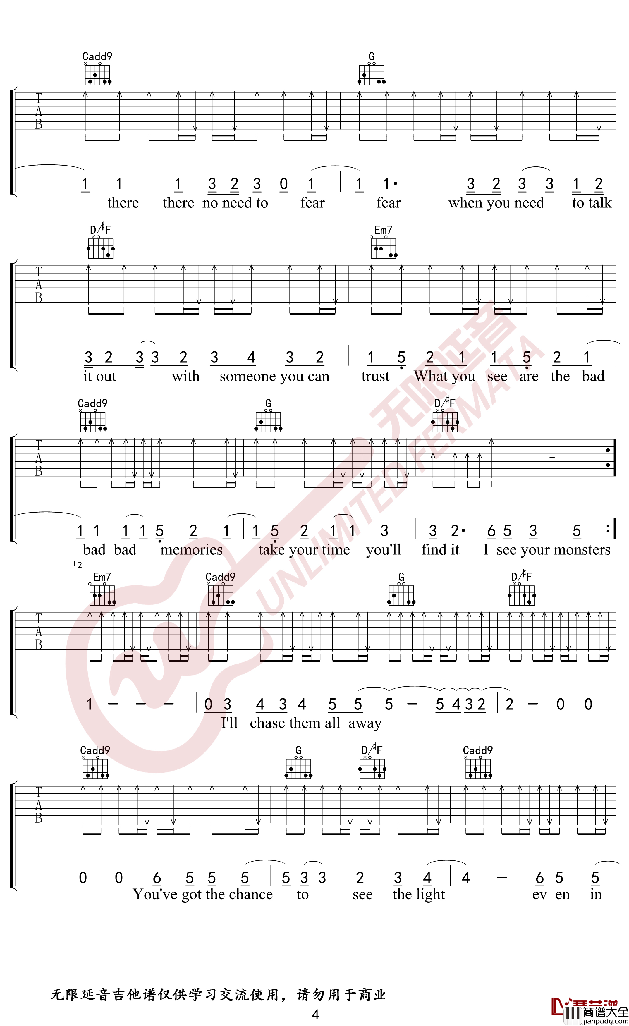 Monsters吉他谱_G调指法_抖音热曲_无限延音编配