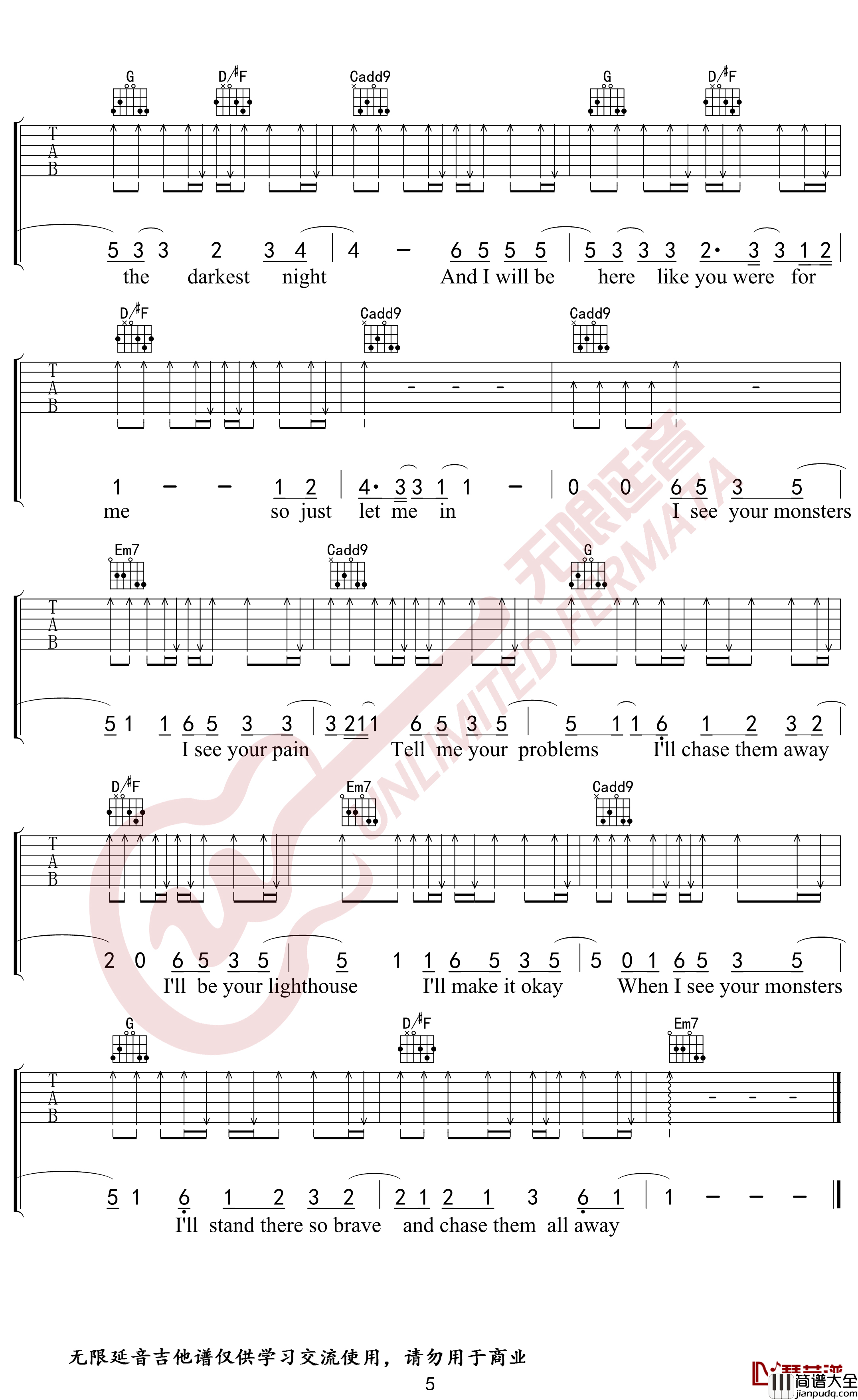 Monsters吉他谱_G调指法_抖音热曲_无限延音编配