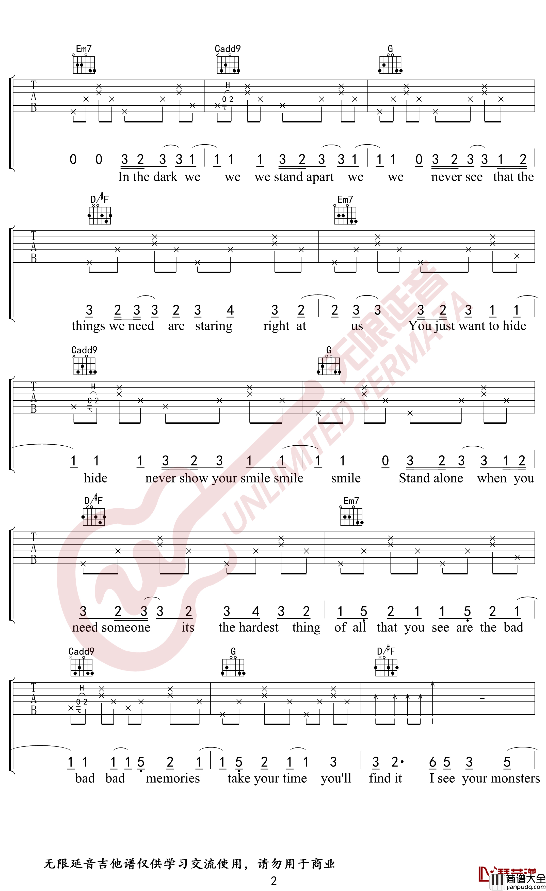 Monsters吉他谱_G调指法_抖音热曲_无限延音编配