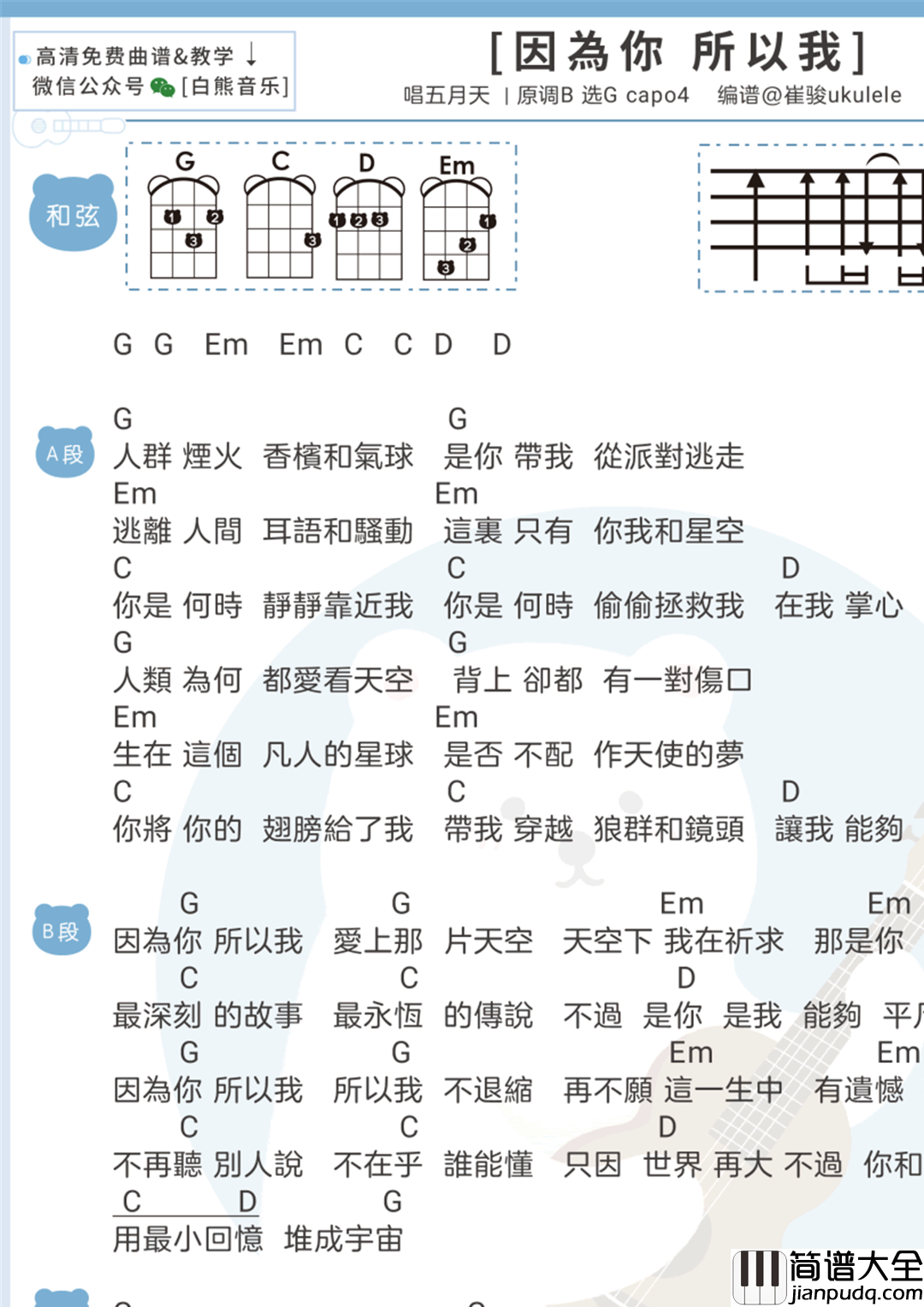 因为你所以我吉他谱_五月天_吉他弹唱谱+尤克里里谱_G调