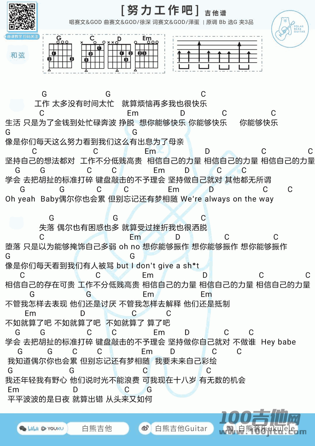 努力工作吧吉他谱_赛文&GOD_G调吉他伴奏弹唱谱