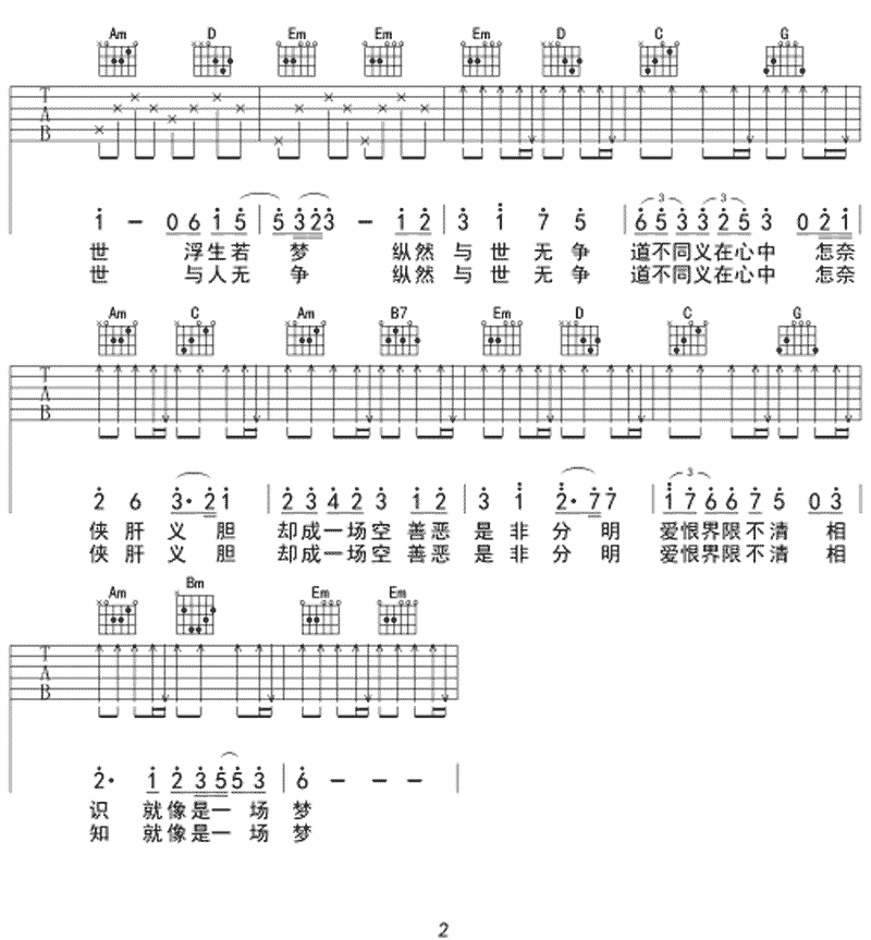 醉梦前尘吉他谱_G调六线谱_简单版_林志炫