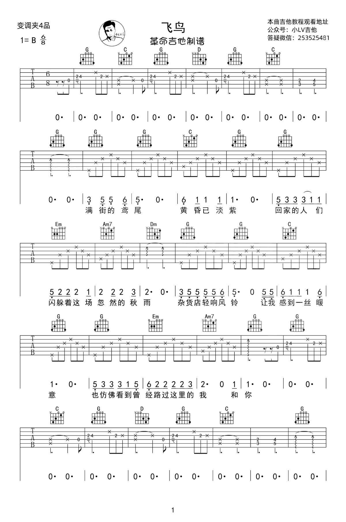 飞鸟吉他谱_汪峰_G调弹唱谱__飞鸟_吉他教学视频