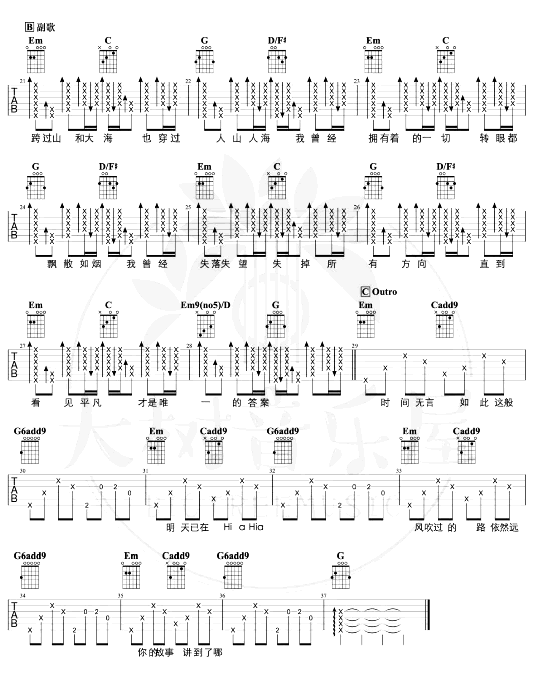 平凡之路吉他谱_演示/教学视频_朴树弹唱六线谱