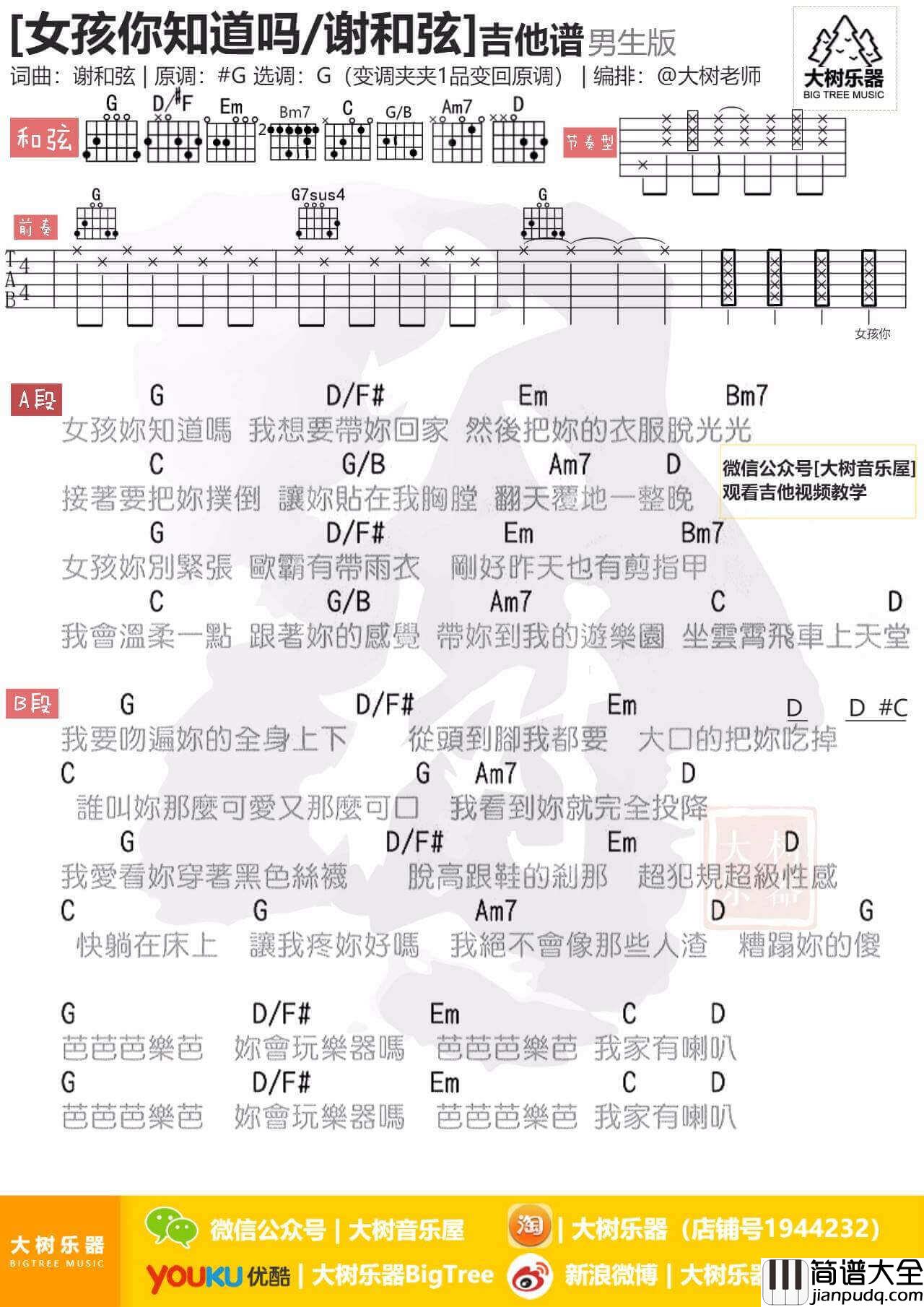 女孩你知道吗吉他谱_G调_谢和弦