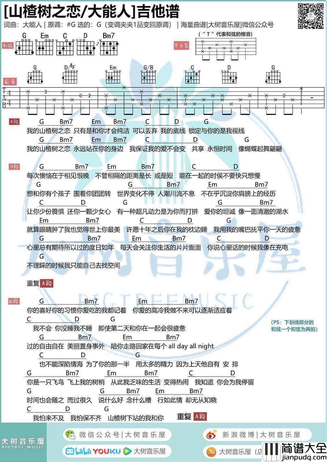 山楂树之恋吉他谱_G调高清版_大能人