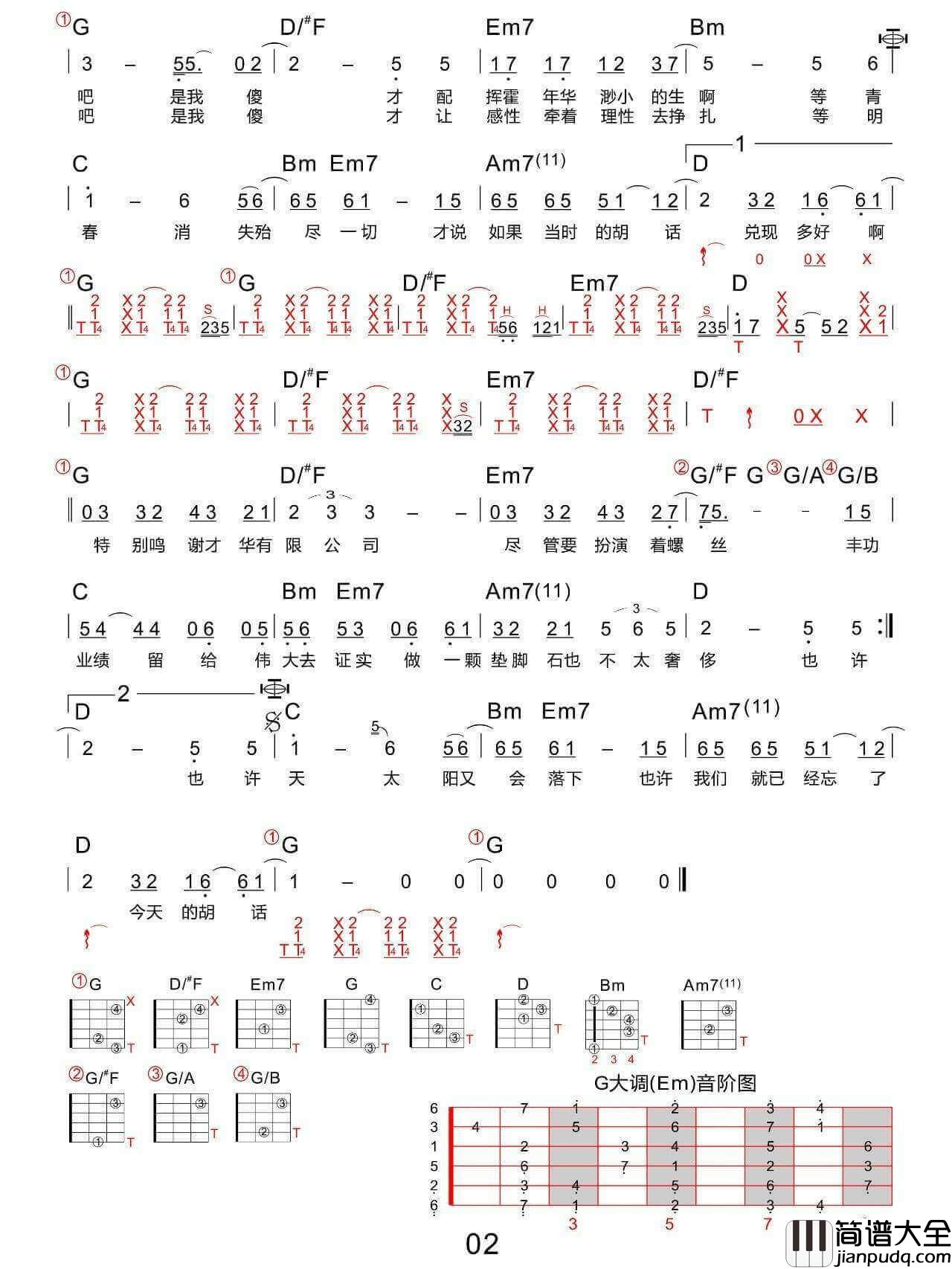 才华有限公司吉他谱_G调_金玟岐