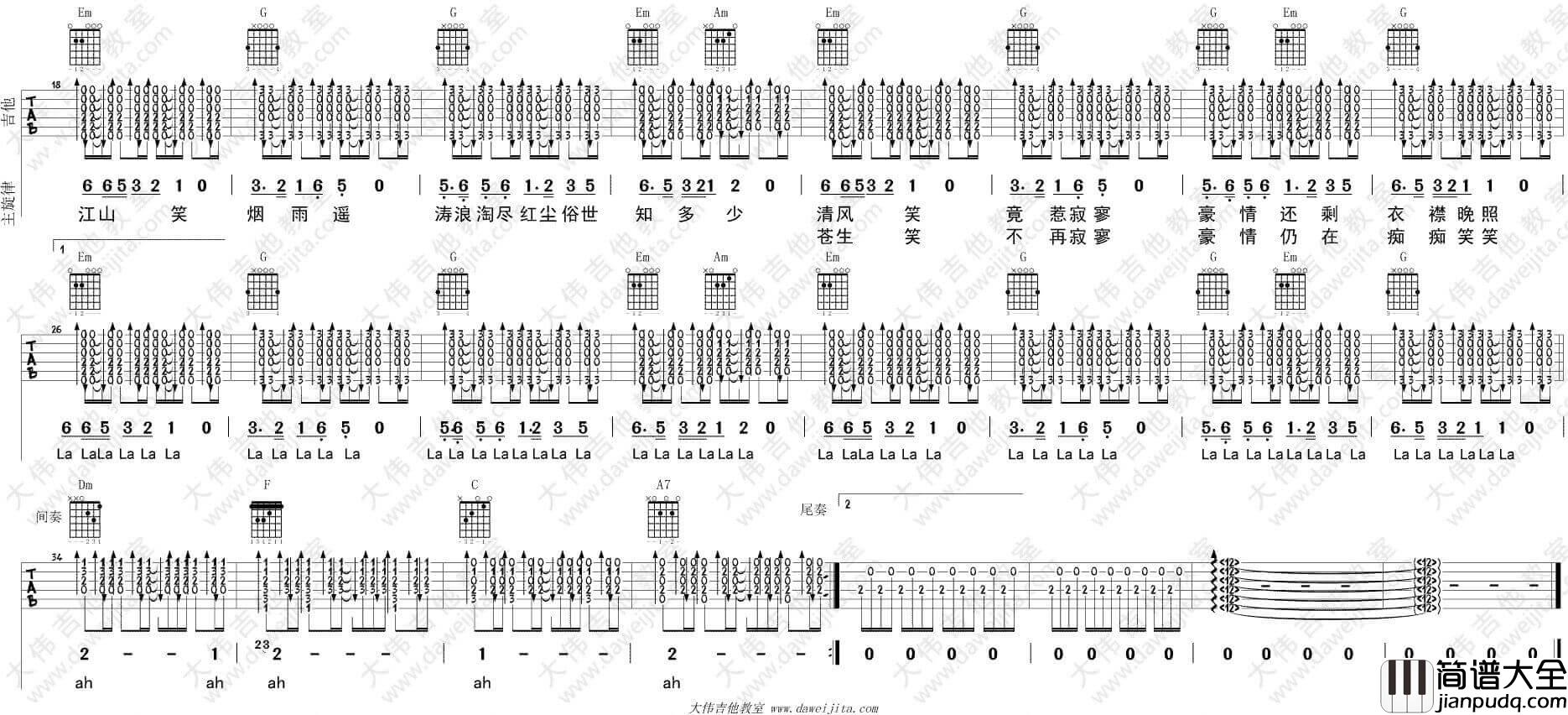 沧海一声笑吉他谱_G调_许冠杰