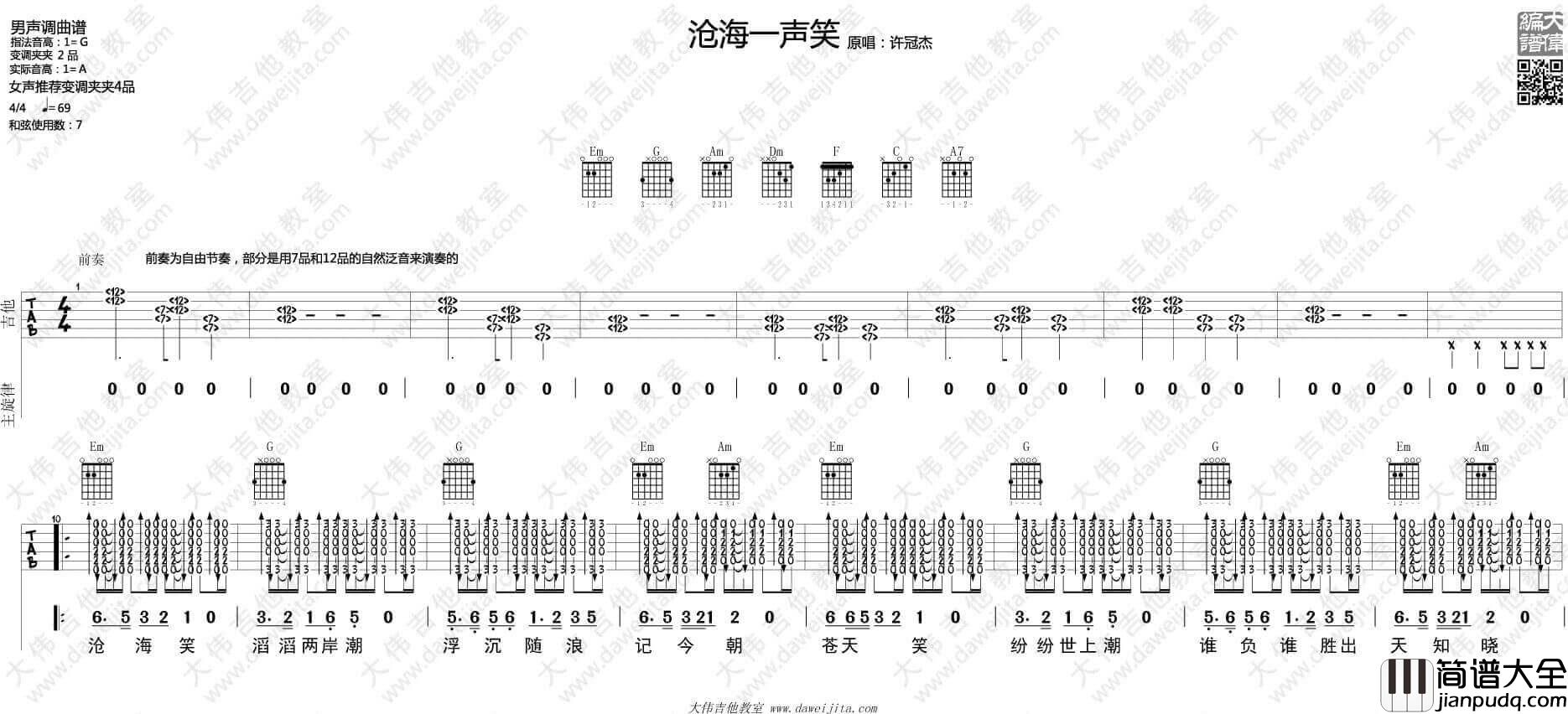 沧海一声笑吉他谱_G调_许冠杰