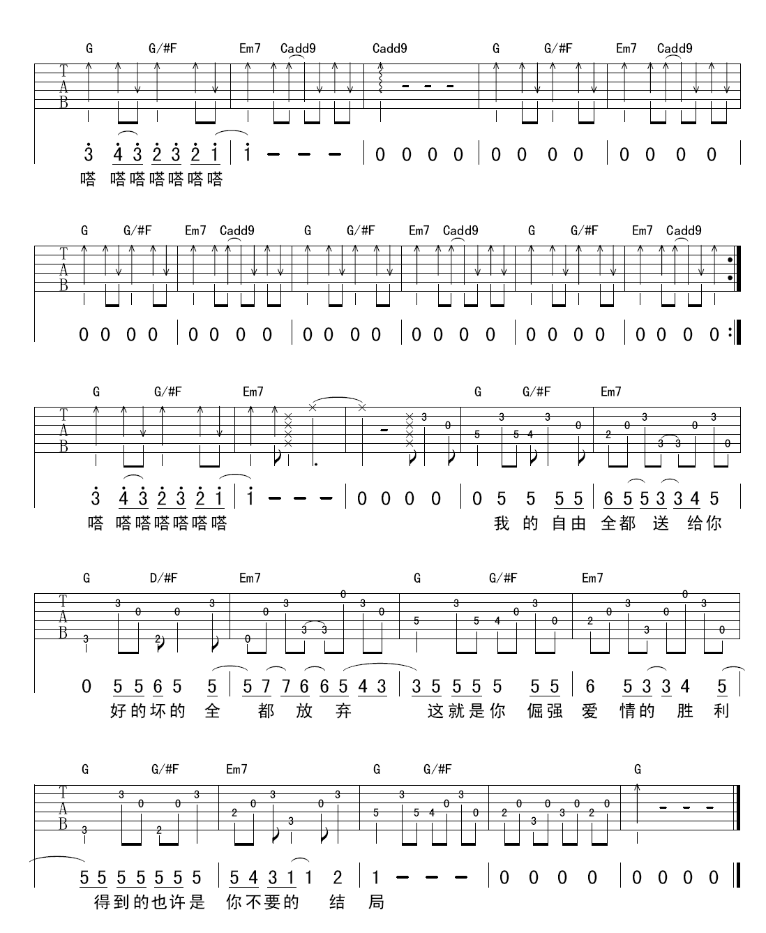 倔强爱情的胜利吉他谱_G调高清版_李晖编配_陈绮贞