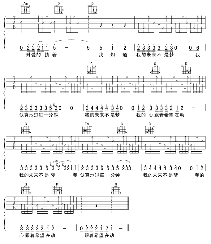 我的未来不是梦吉他谱_G调六线谱_扫弦版_张雨生