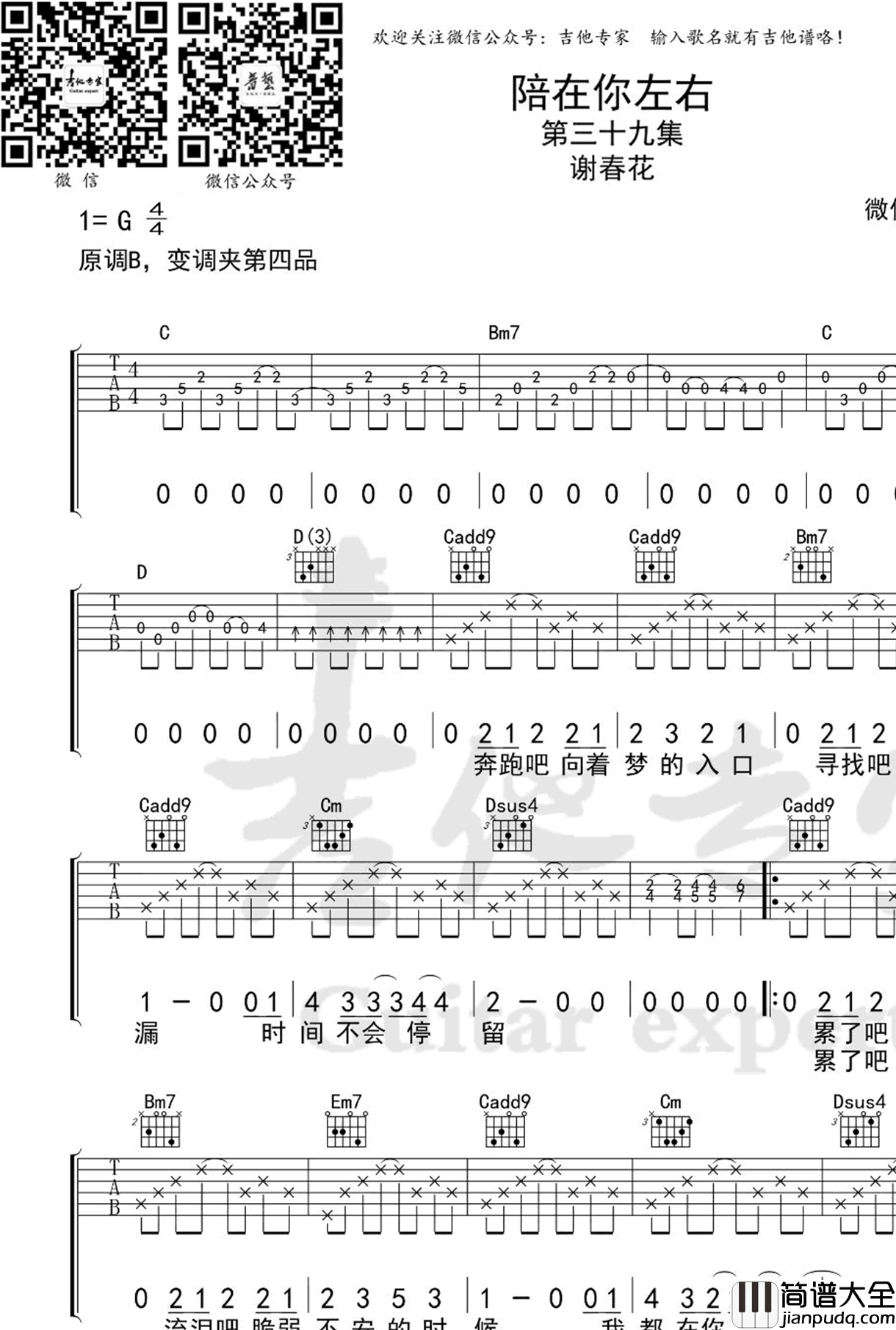 陪在你左右吉他谱_谢春花__五六七_第三季片尾曲_G调弹唱谱