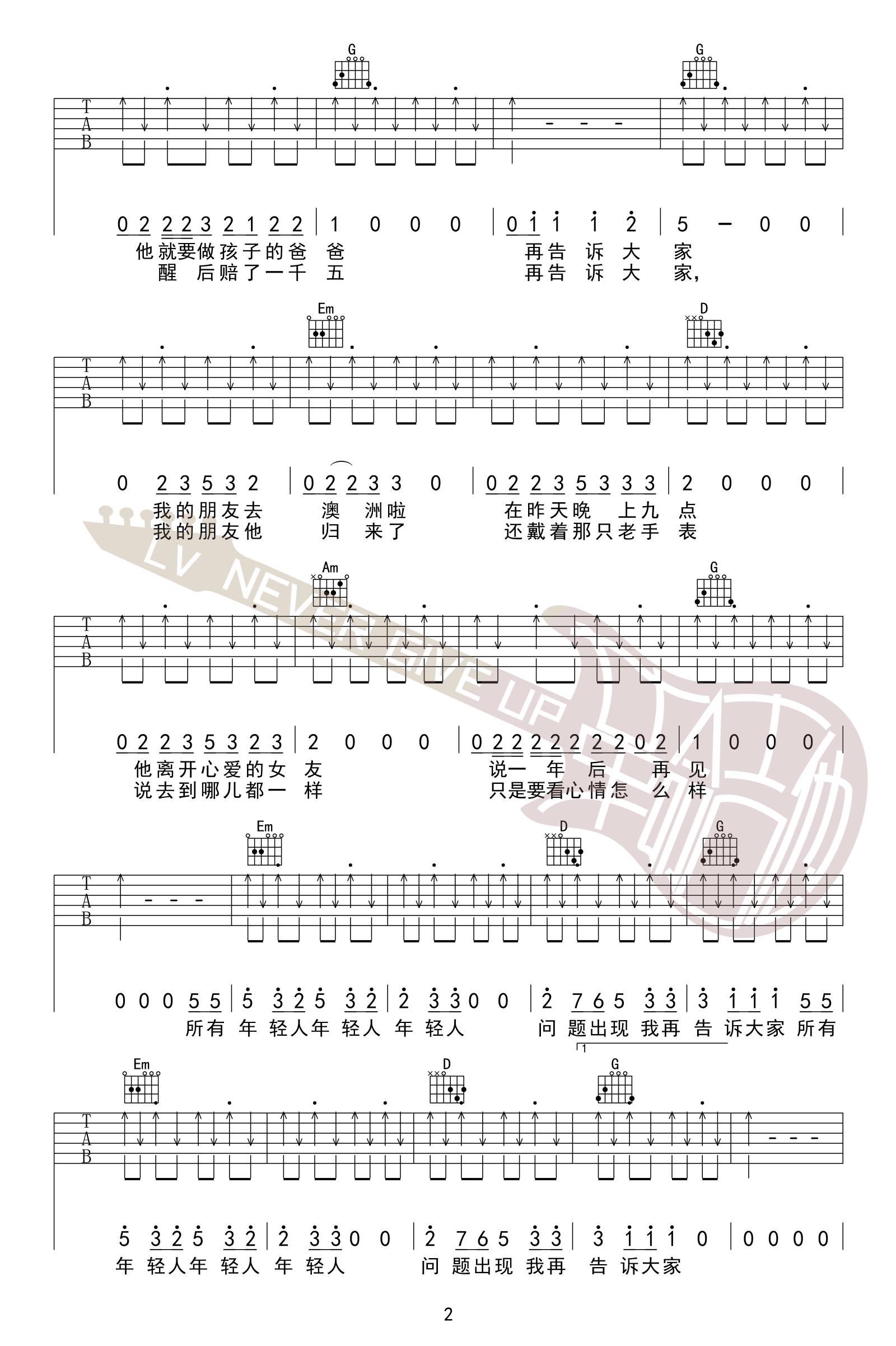 _问题出现我再告诉大家_吉他谱_五条人_G调弹唱谱_高清六线谱