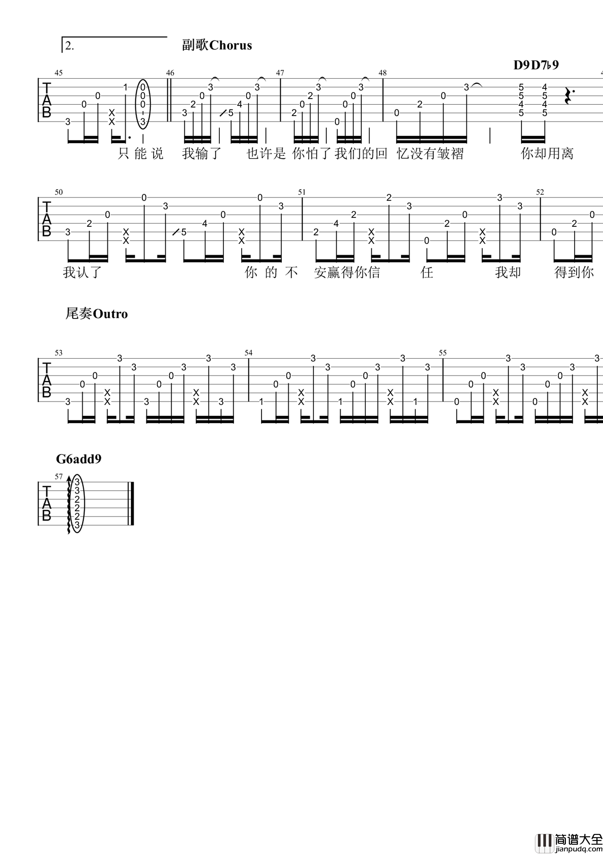 淘汰吉他谱_G调弹唱谱_陈奕迅_高清六线谱