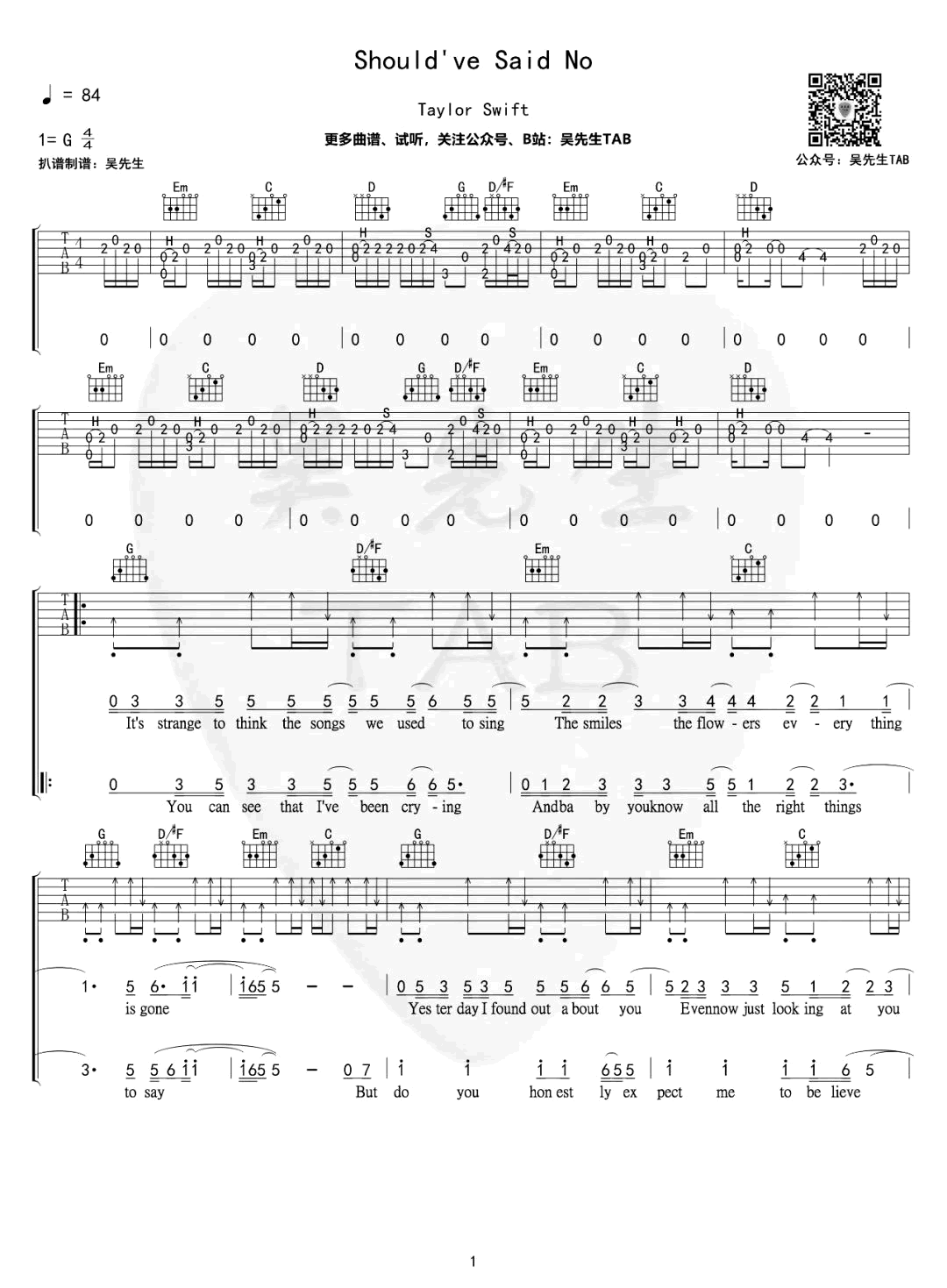 Should’ve_Said_No吉他谱_Taylor_Swift_G调_弹唱六线谱