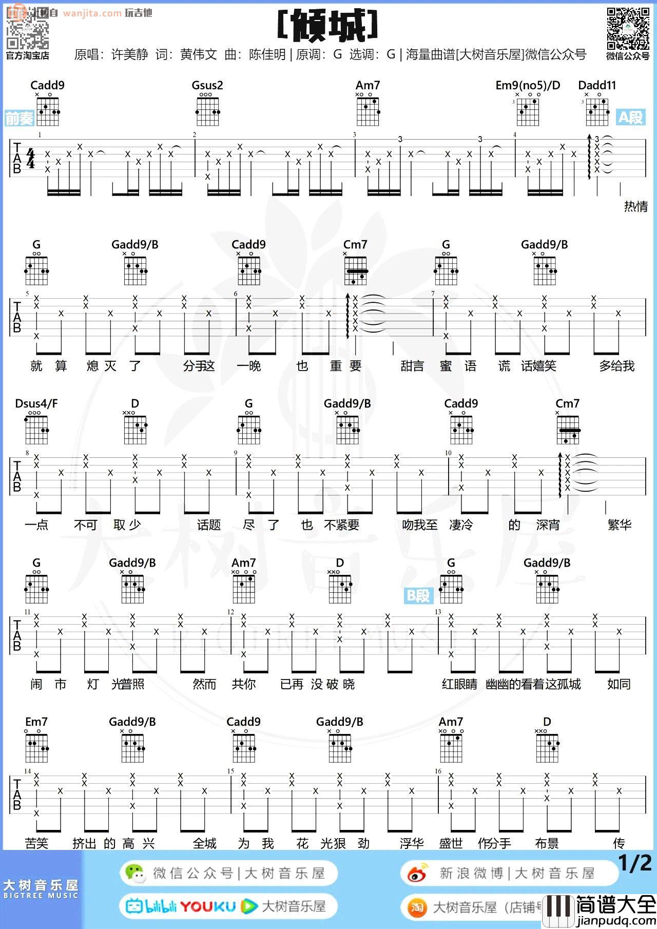 倾城吉他谱_许美静_G调原版六线谱__倾城_高清图片谱