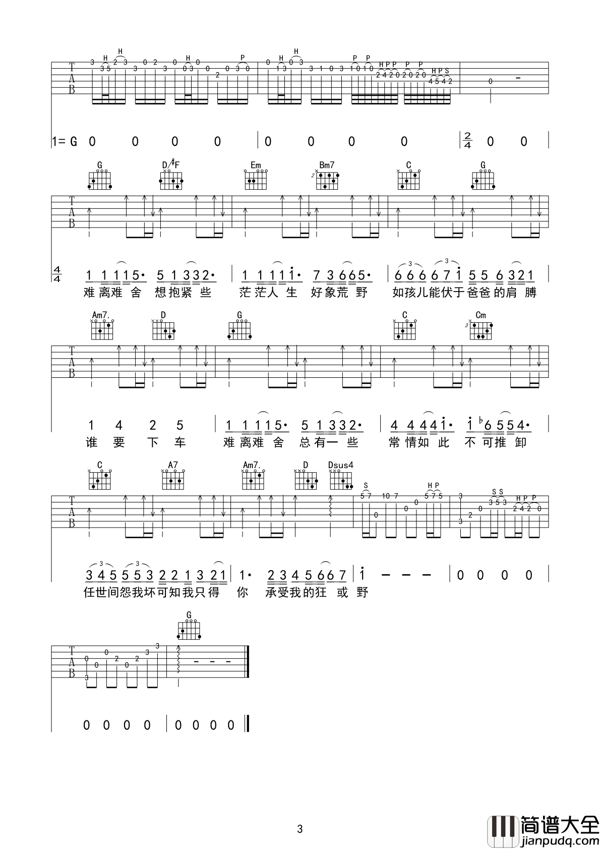 单车吉他谱_陈奕迅__单车_G调原版吉他谱_弹唱六线谱