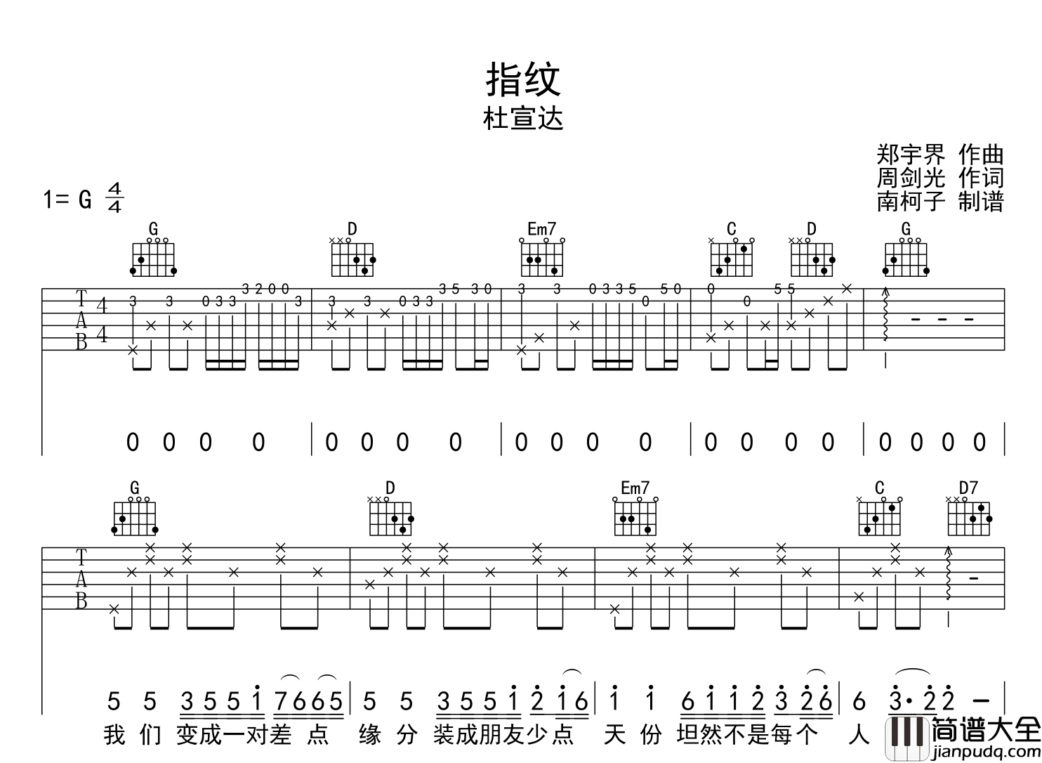 杜宣达_指纹_吉他谱_G调指法六线谱__轩辕剑_插曲