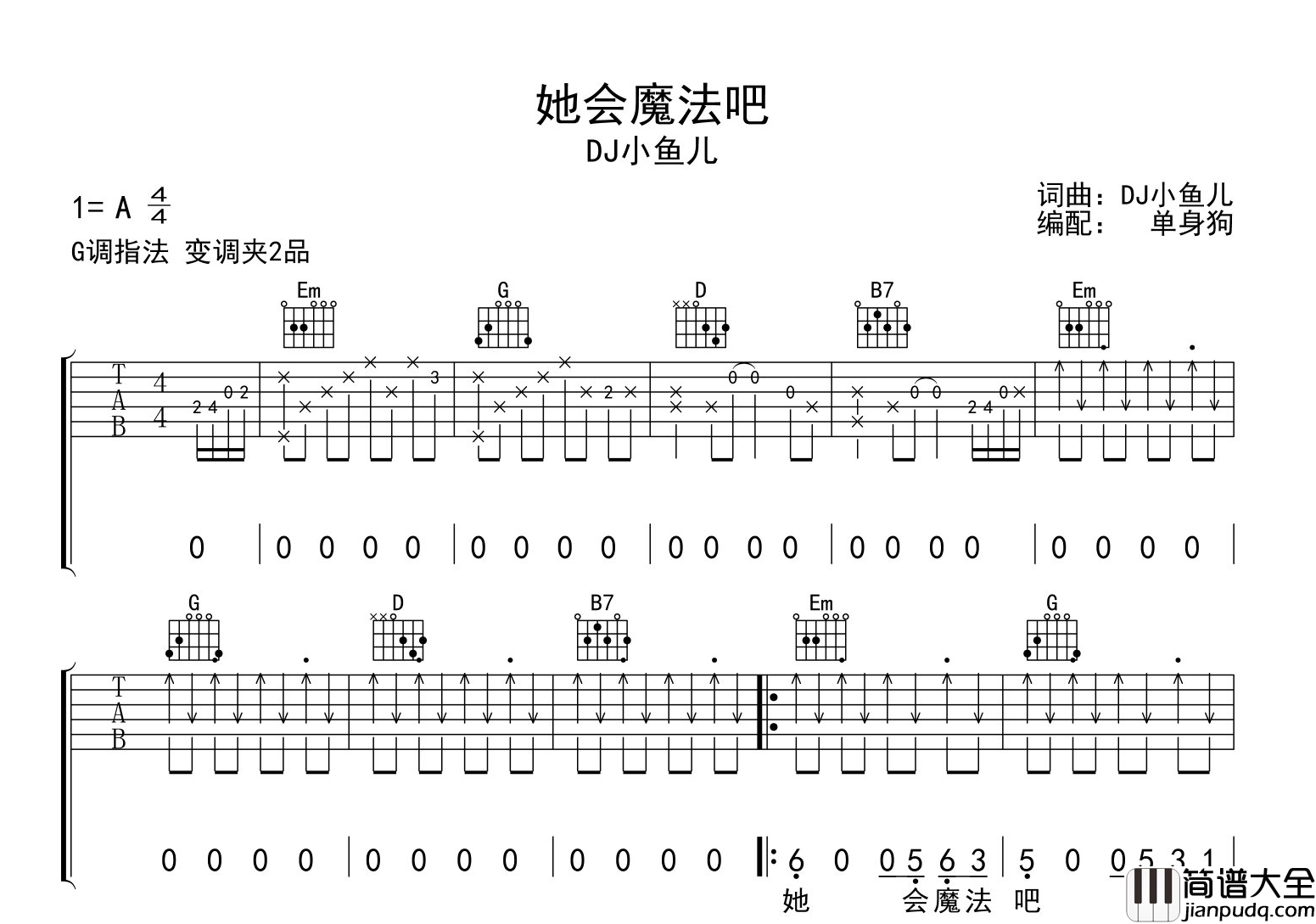 她会魔法吧吉他谱_DJ小鱼儿_G调弹唱六线谱