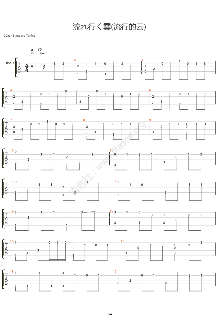 流行的云指弹吉他谱预览图