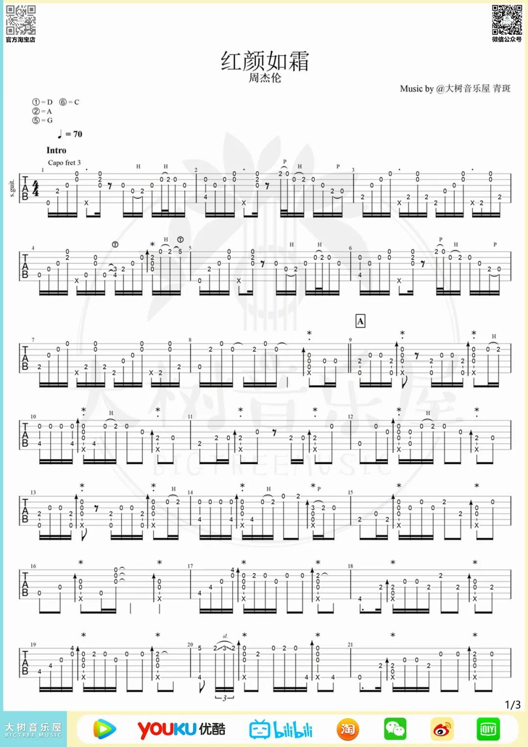 红颜如霜指弹吉他谱预览图