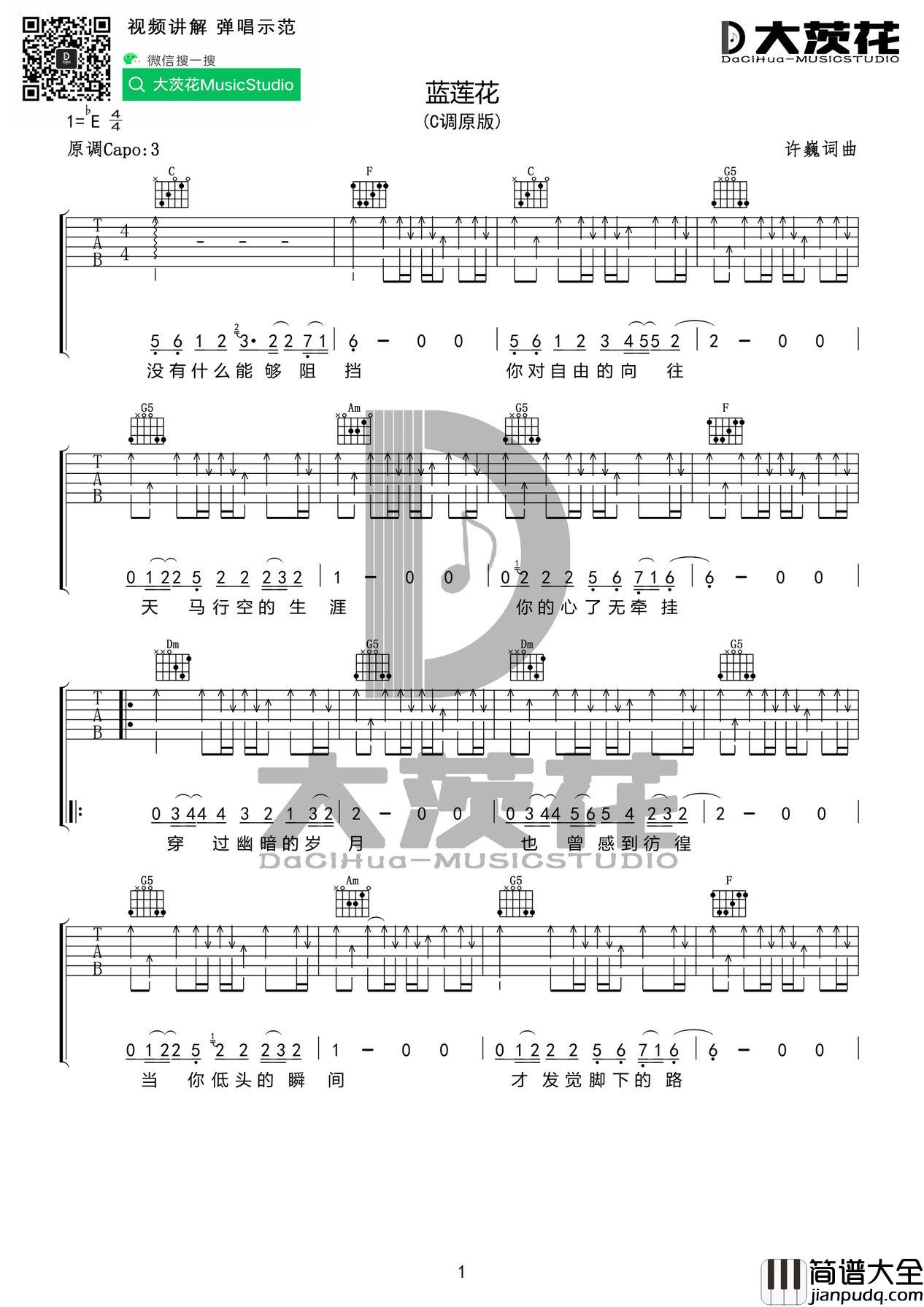 蓝莲花吉他谱_G调女生版_小宁吉他教室编配_许巍